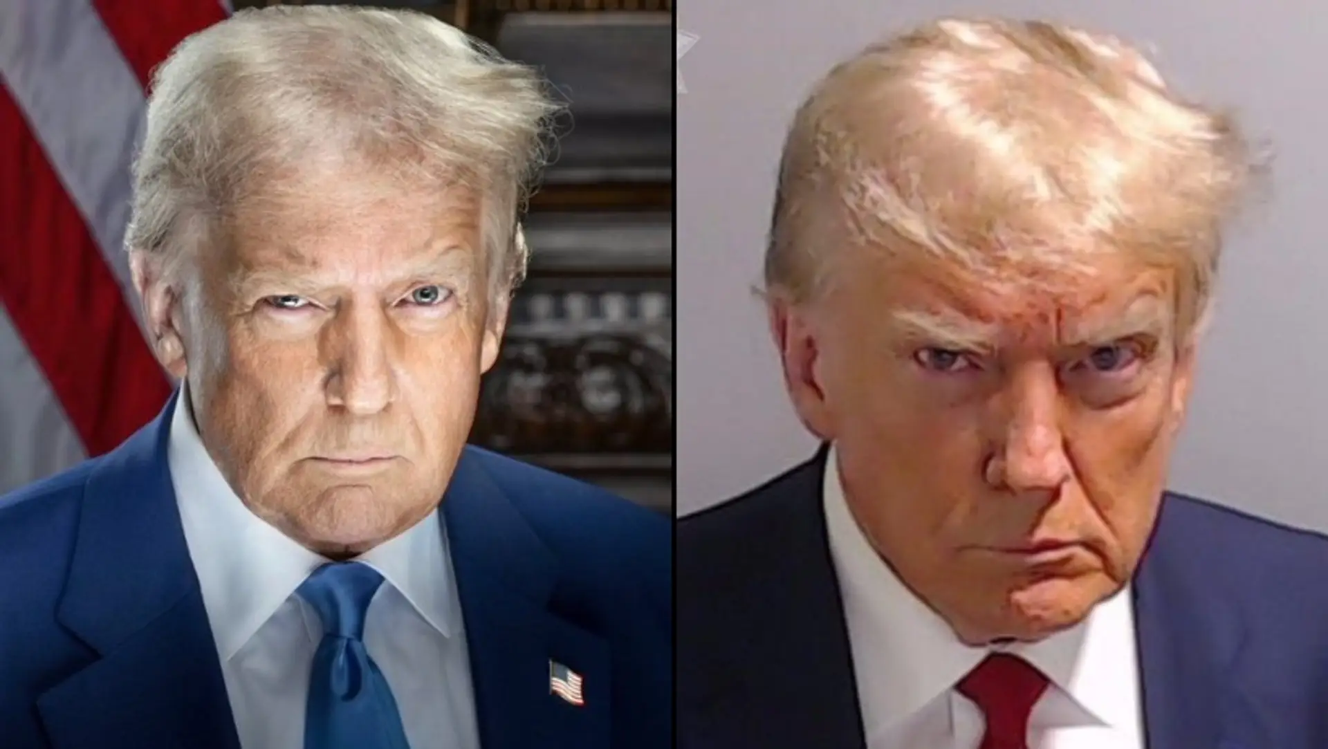 Oficiálny portrét Donalda Trumpa a jeho policajná snímka z väzenia.