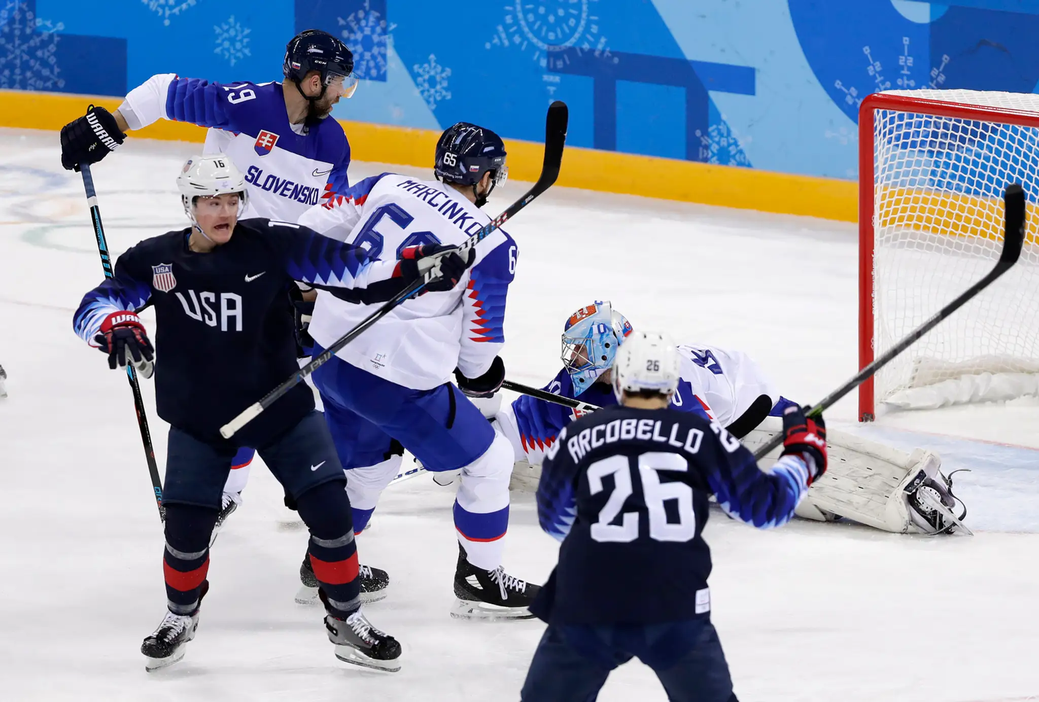 Slovenské nadšenie z gólu proti USA na ZOH 2018.