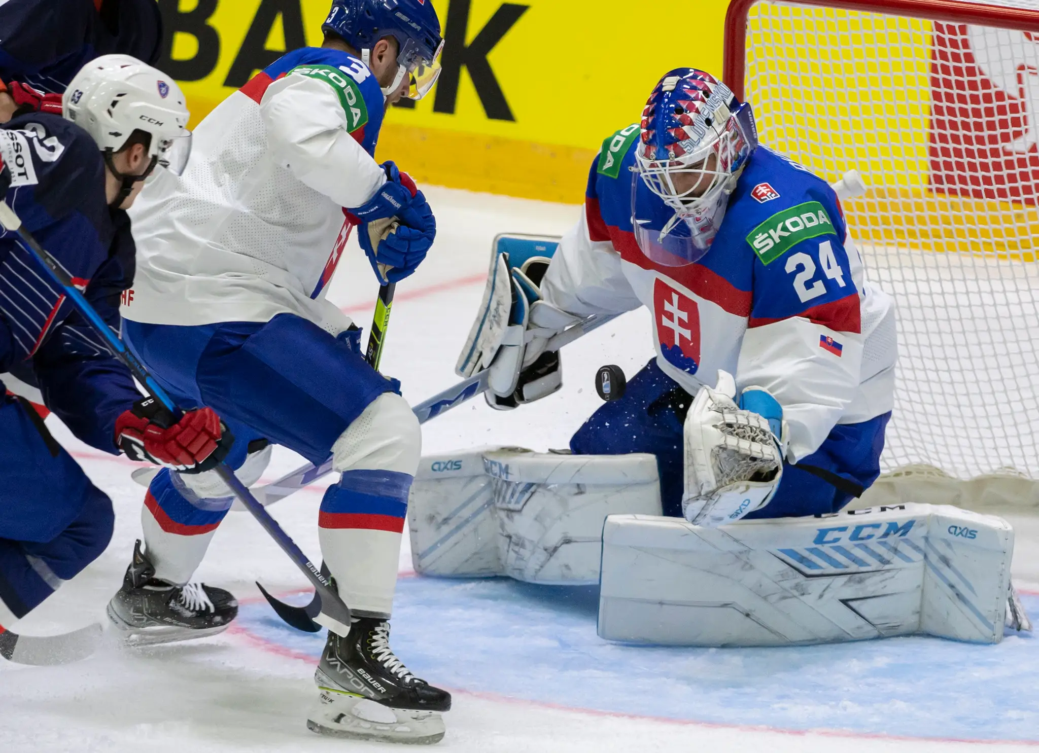 Na snímke sprava slovenský brankár Patrik Rybár, slovenský obranca Adam Jánošik a hráč Francúzska Louis Boudon.