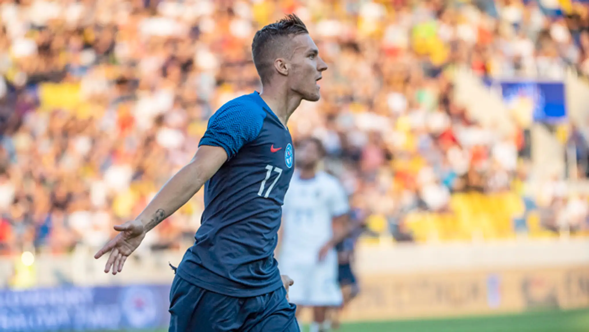 Futbalový reprezentant do 21 rokov Lukáš Haraslín sa teší po strelení gólu.
