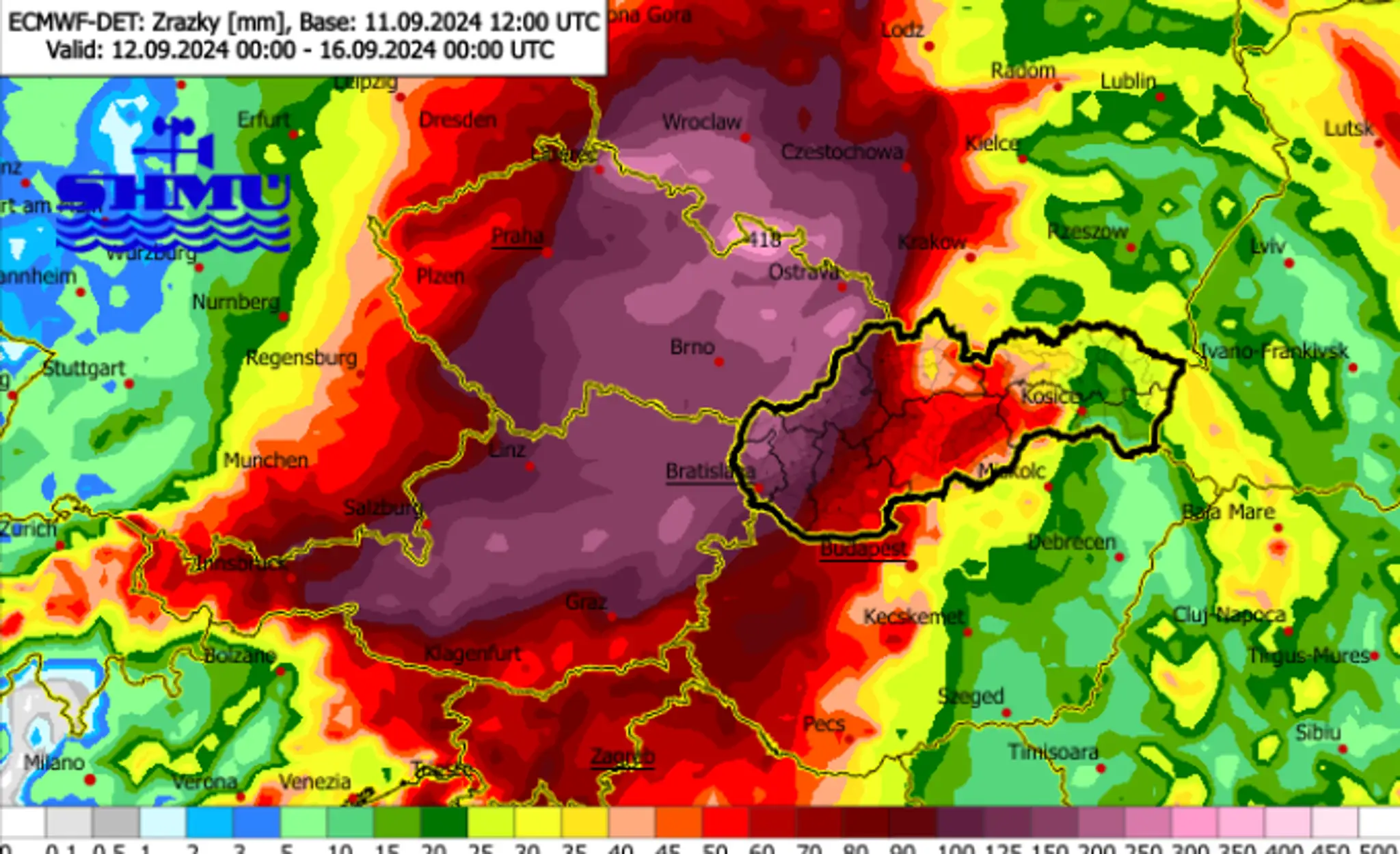 Mapa zrážok, ktoré zasiahnu Slovensko.