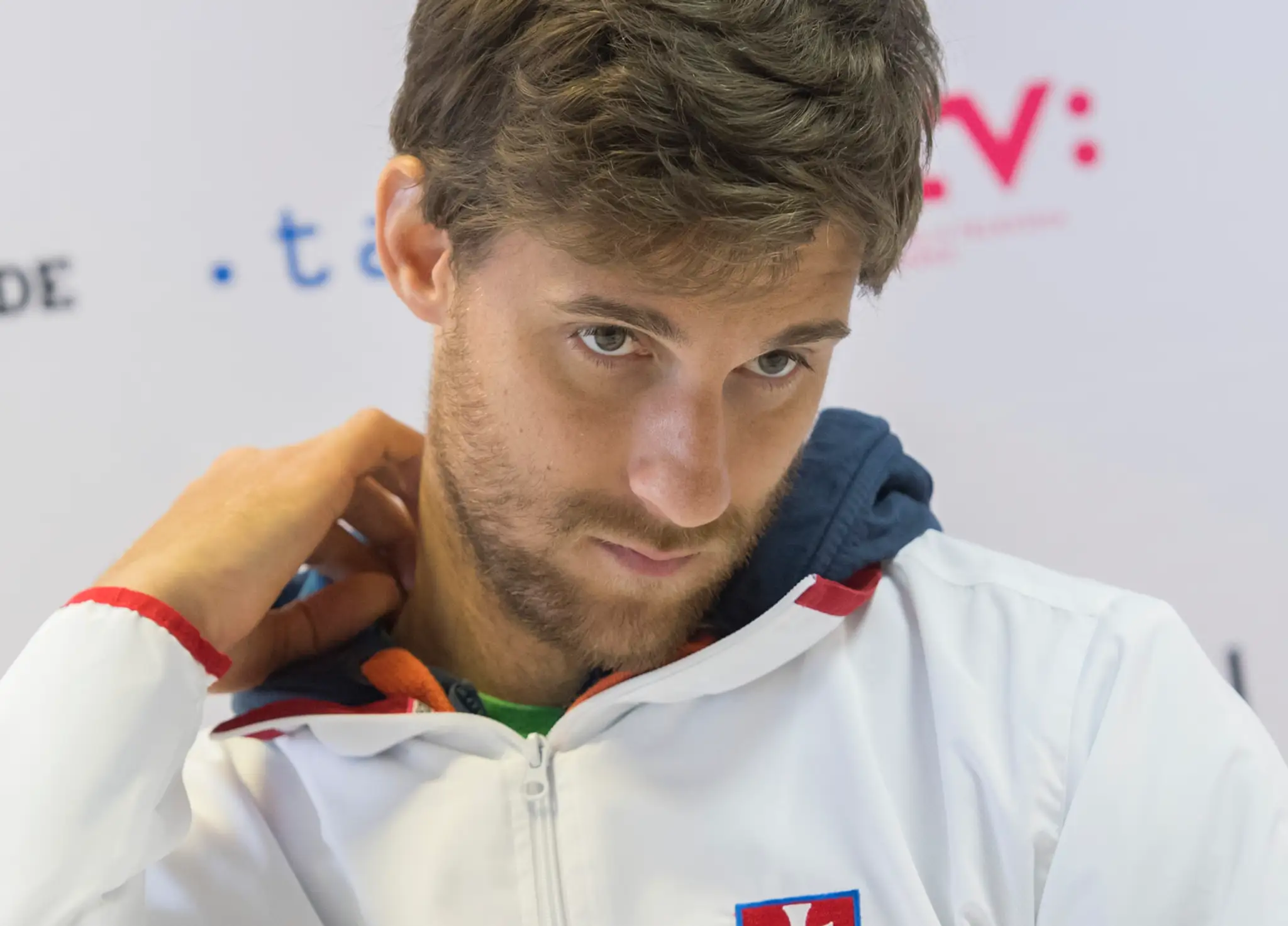 Daviscupový reprezentant Slovenska Martin Kližan na tlačovej konferencii pred duelom s Bosnou a Hercegovinou.