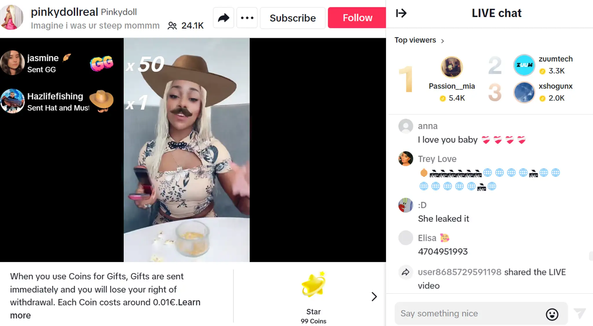 Živý prenos na TikToku Pinkydoll