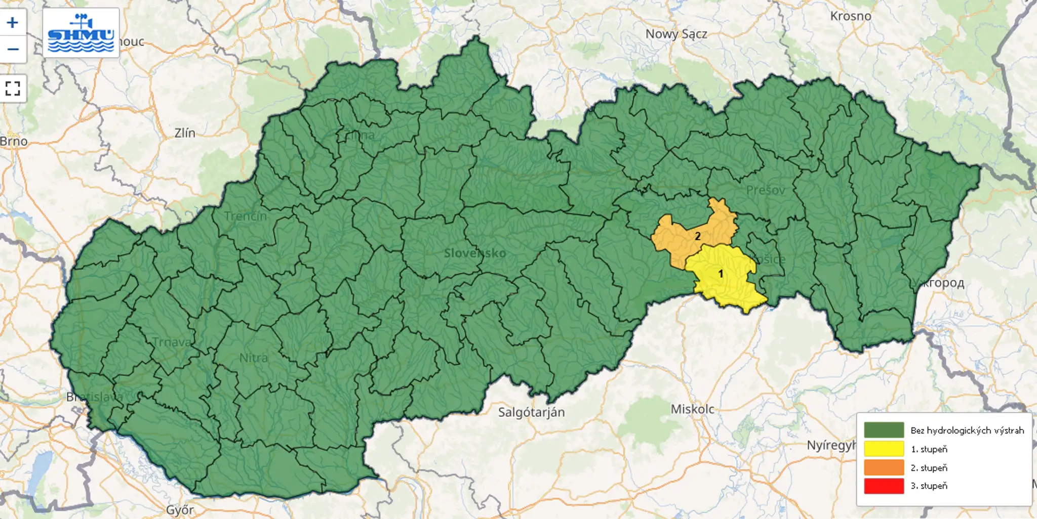 Na snímke mapa výstrah pred povodňami.