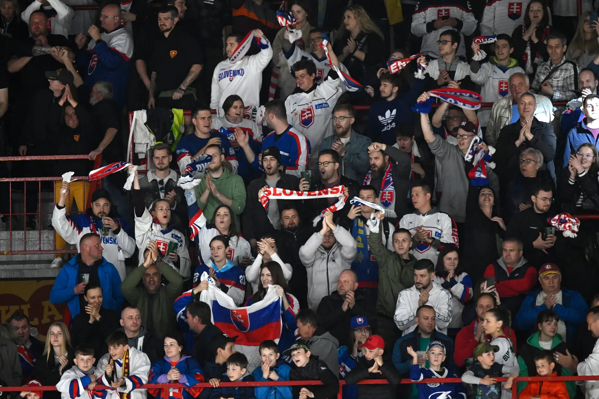 Na snímke fanúšikovia oslavujú úvodný gól v prípravnom hokejovom zápase pred MS Slovensko - Nemecko.