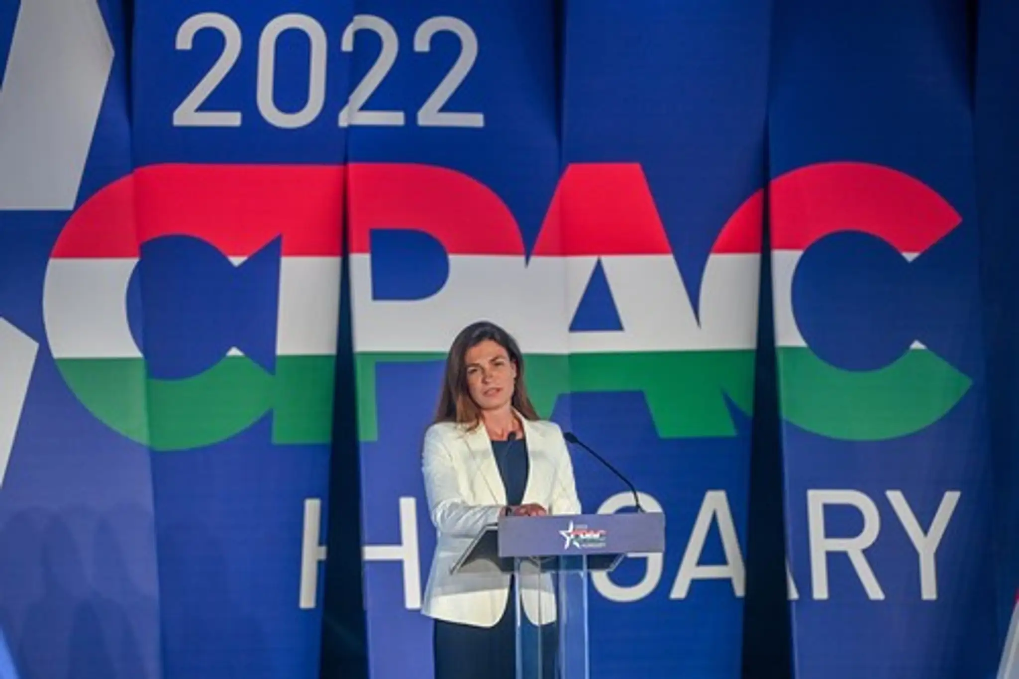 Maďarská ministerka spravodlivosti Judit Varga vystupuje na konferencii Konzervatívnej politickej akcie (CPAC) v Budapešti v Maďarsku 19. mája 2022.