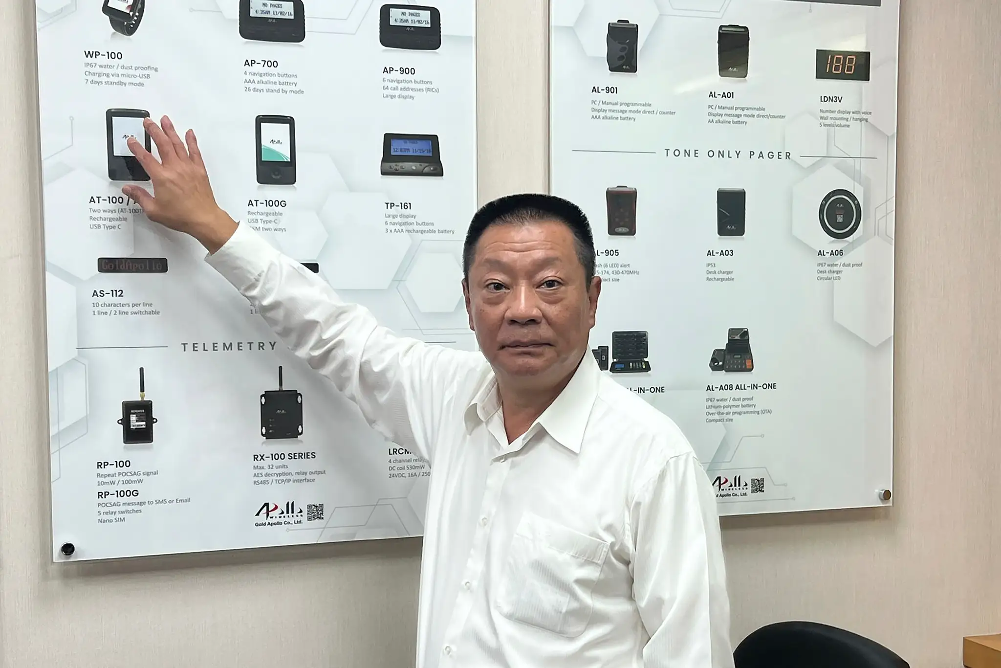 Hsu Čching-kchuang, zakladateľ taiwanskej spoločnosti Gold Apollo, ukazuje komunikačné výrobky firmy v sídle spoločnosti v Tchaj-peji