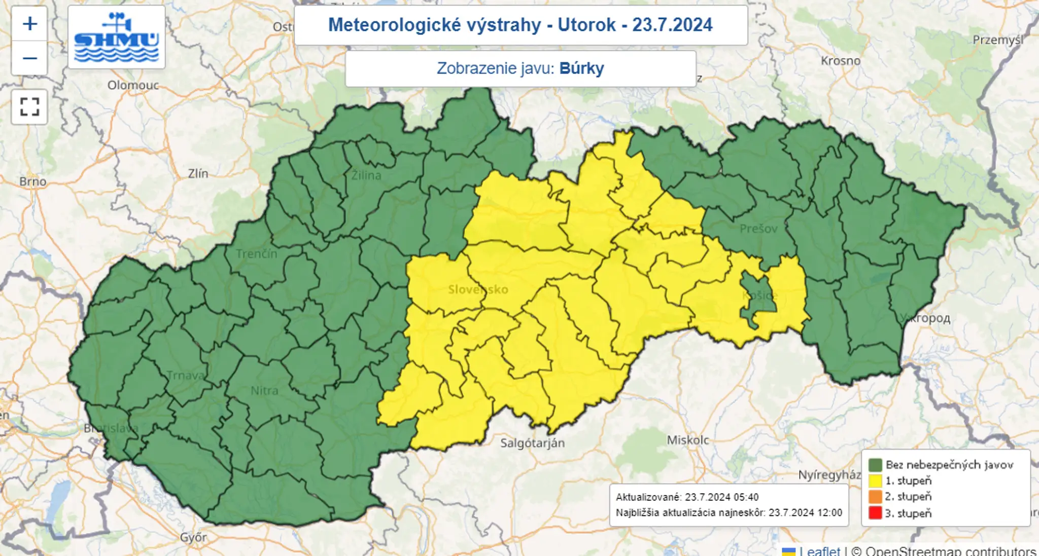 Na snímke mapa výstrah pred búrkami.