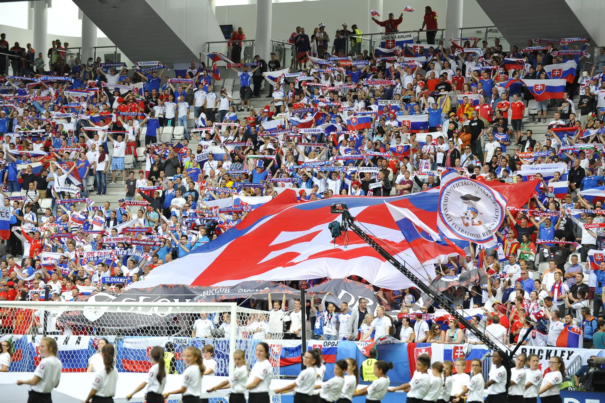 Slovenskí fanúšikovia na zápase proti Walesu na ME vo Francúzsku.