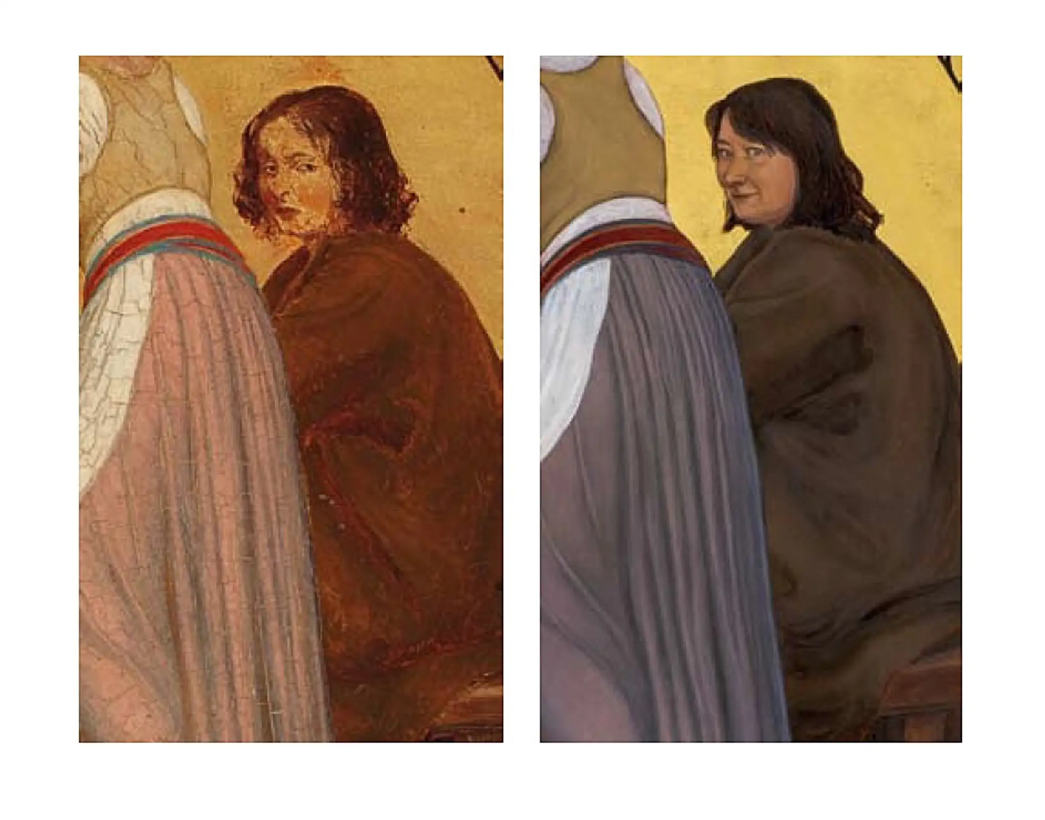 Mánesova postava mladíka na medailóne januára (Muzeum hlavního města Prahy) a postava dámy, ktorá zaujala jeho miesto na „kópii“ z roku 2018.