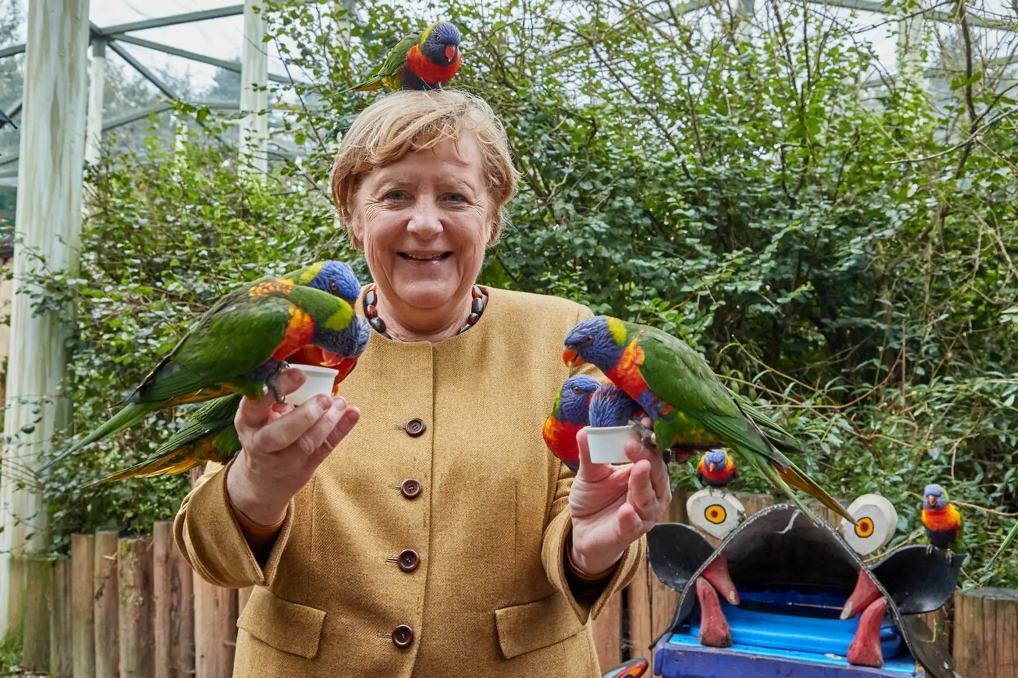 Angela Merkelová počas návštevy vtáčieho parku v Rostocku.