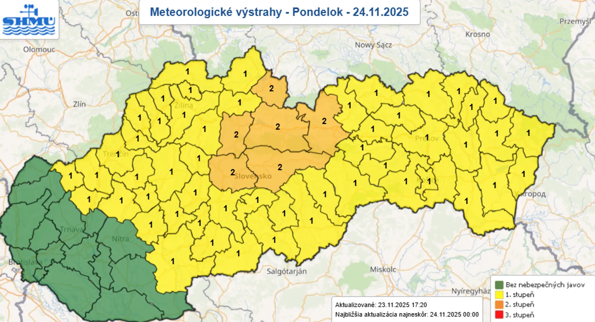 Výstrahy na pondelok 24. novembra.