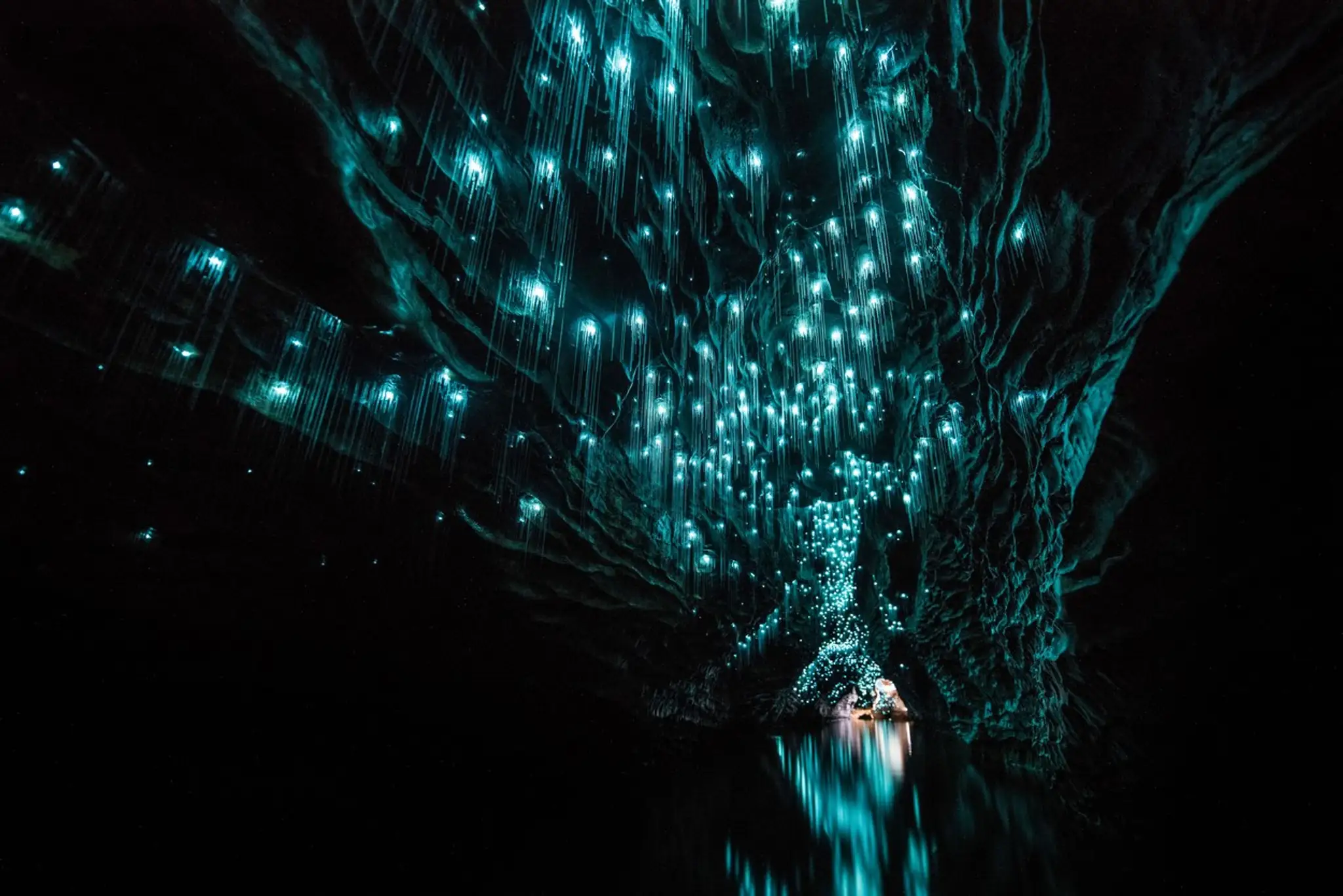 Jaskyňa Waitomo osvetlená bioilumiscentnými červami, Nový Zéland.