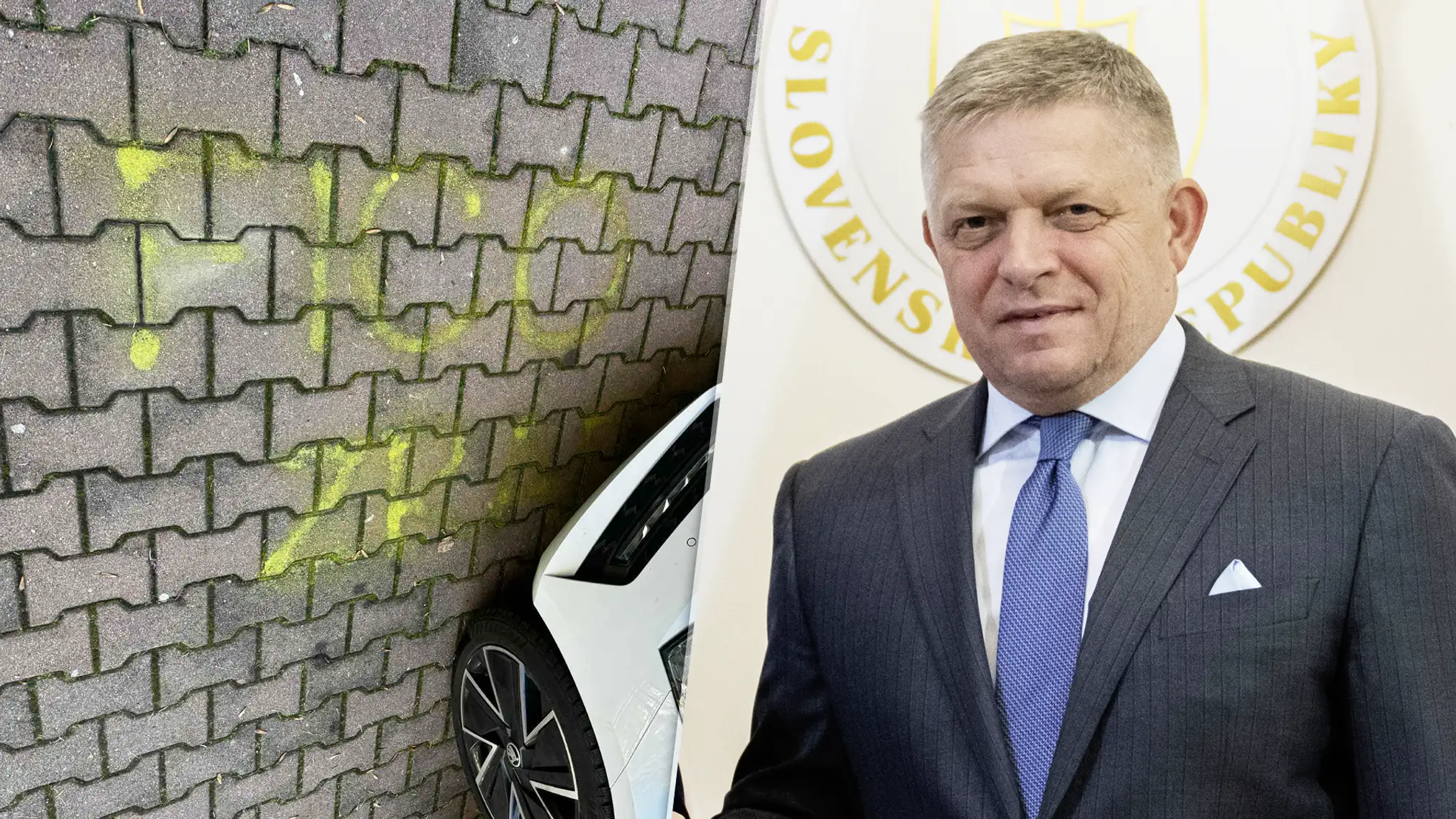 Nápis na zemi pred popradskou školou a premiér Robert Fico (koláž)