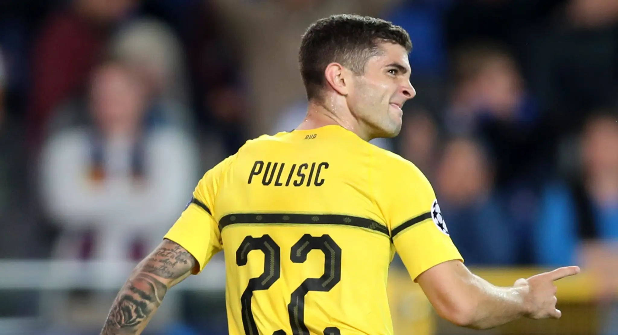 Christian Pulisic z Dortmundu sa raduje z gólu v dueli LM na pôde Clubu Bruggy.