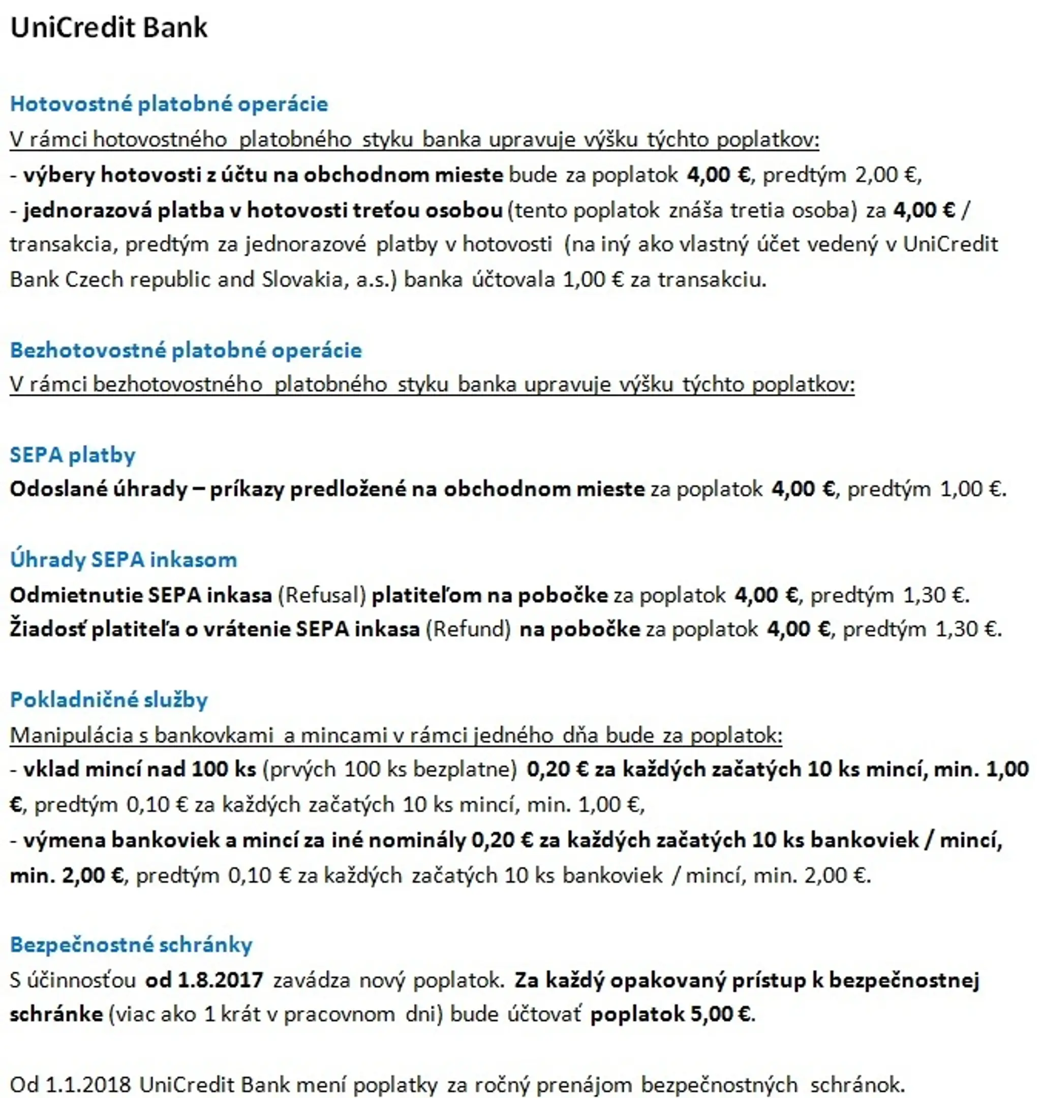 Poplatky v UniCredit Bank.