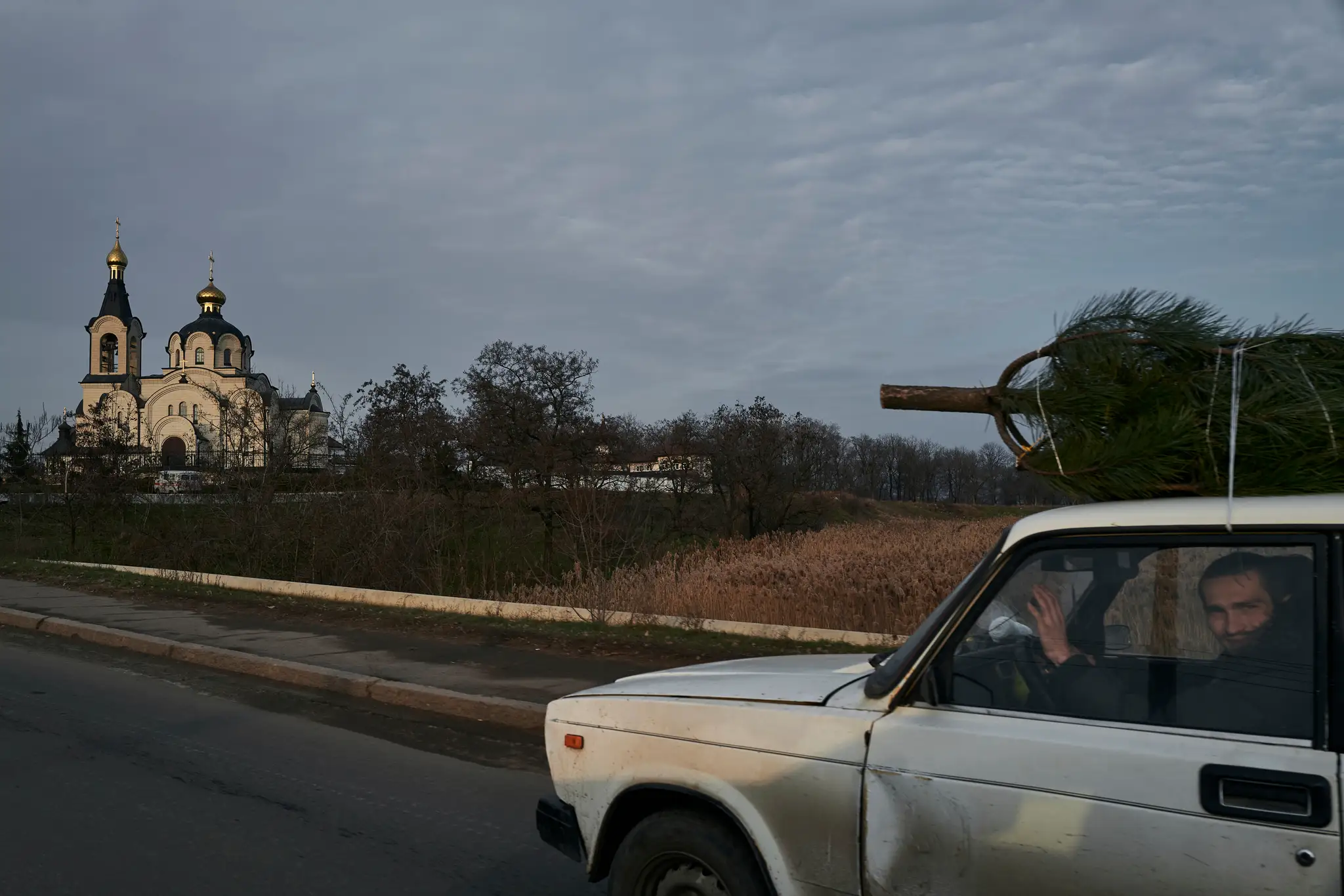 Muž v Kosťantynivke vezie vianočný stromček na streche auta.