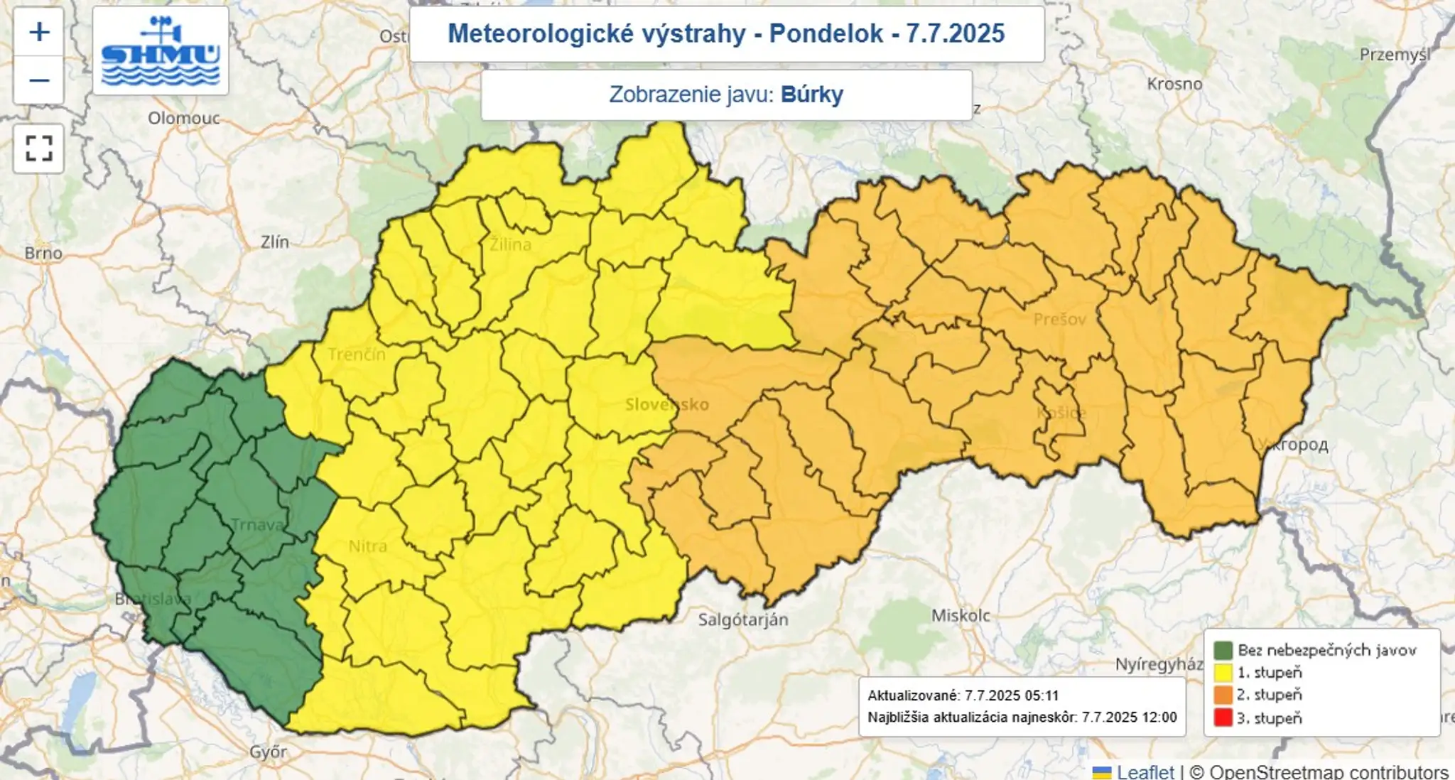 Mapa výstrah SHMÚ pred búrkami.