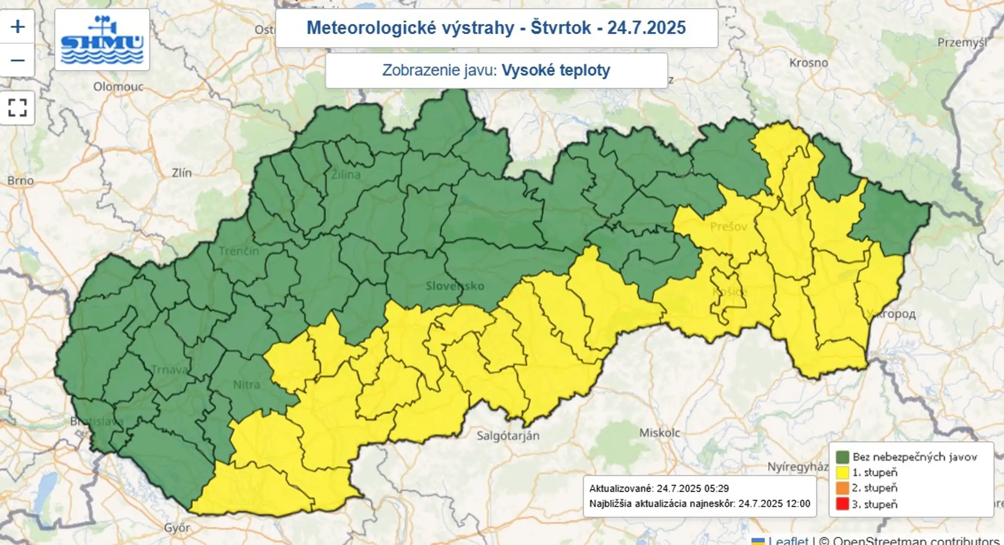 Mapa výstrah pred vysokými teplotami.