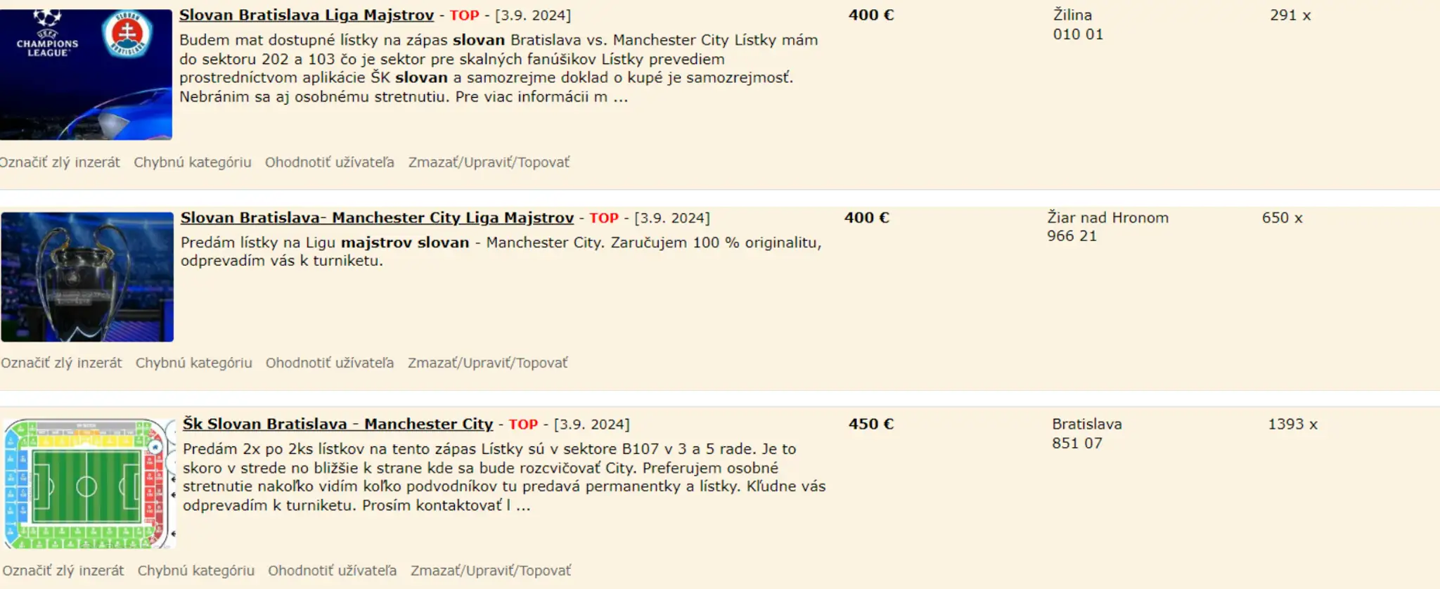 Ceny lístkov na zápas s Man City