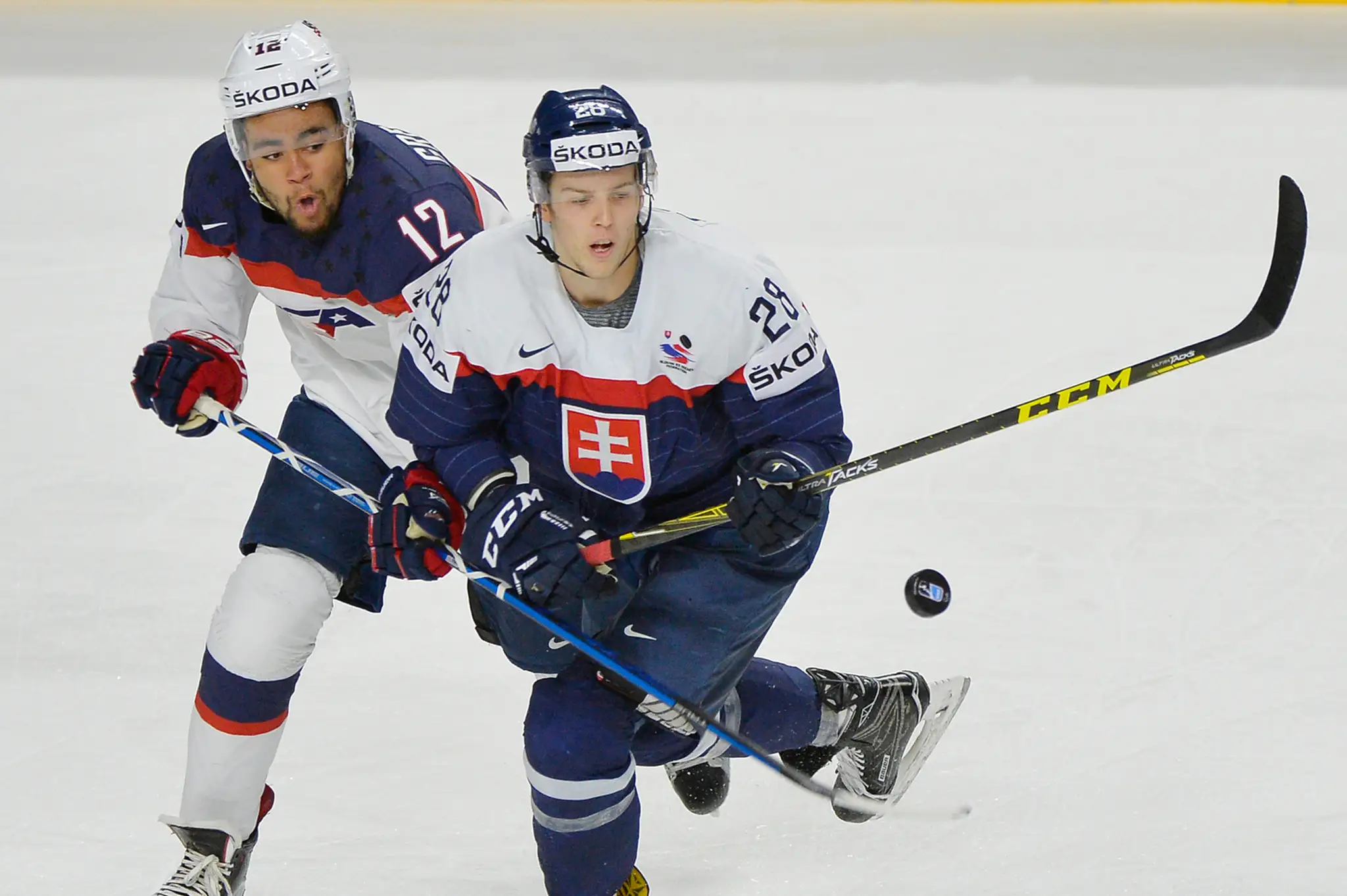 Na snímke Martin Gernát (Slovensko) a Jordan Greenway (USA) bojujú o puk.