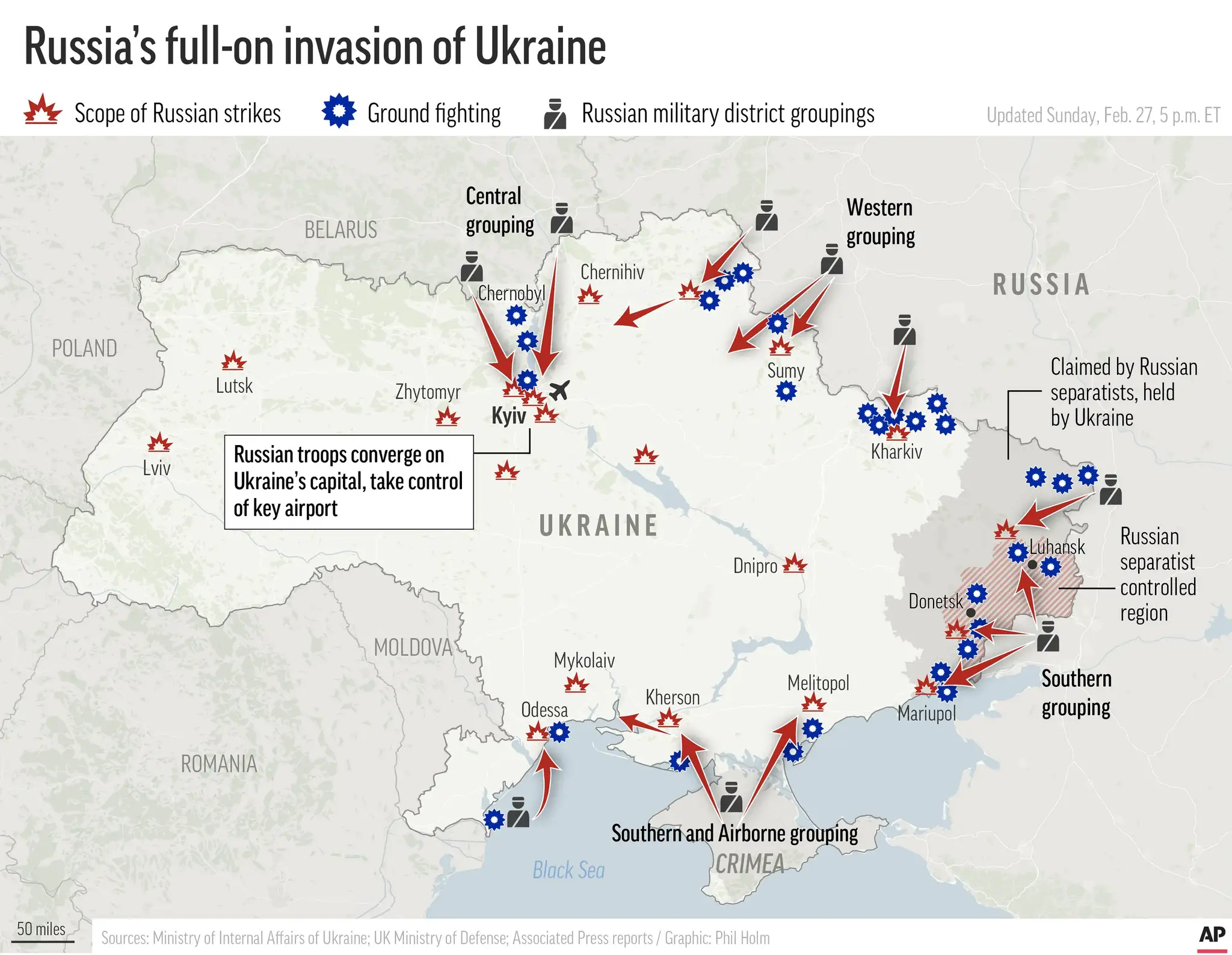Mapa znázorňujúca všetky ruské útoky, ktoré doposiaľ do nedeľného večera Rusko podniklo