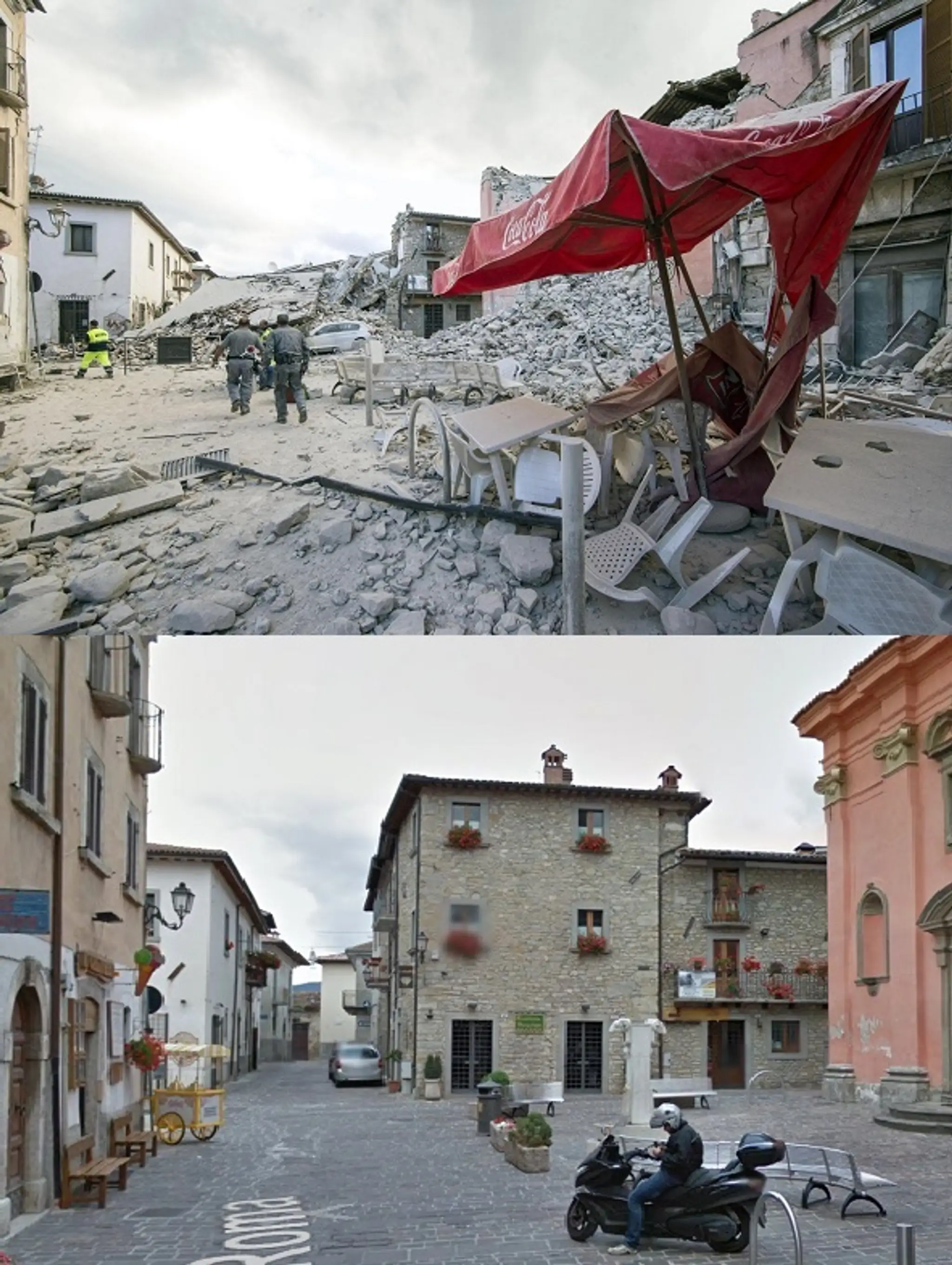 Zničené mestečko Amatrice.