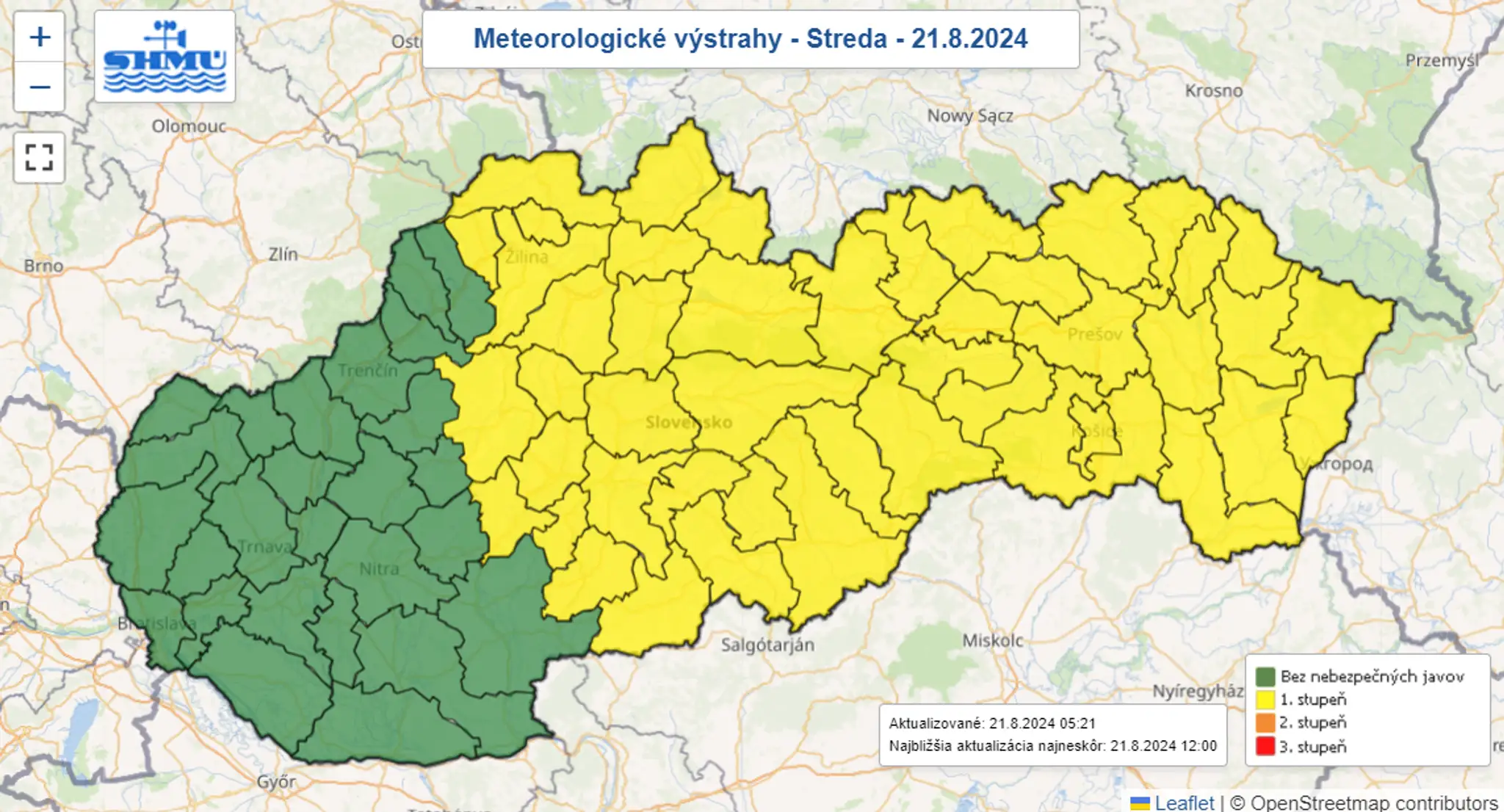 Mapa výstrah pred búrkami a vysokými teplotami.