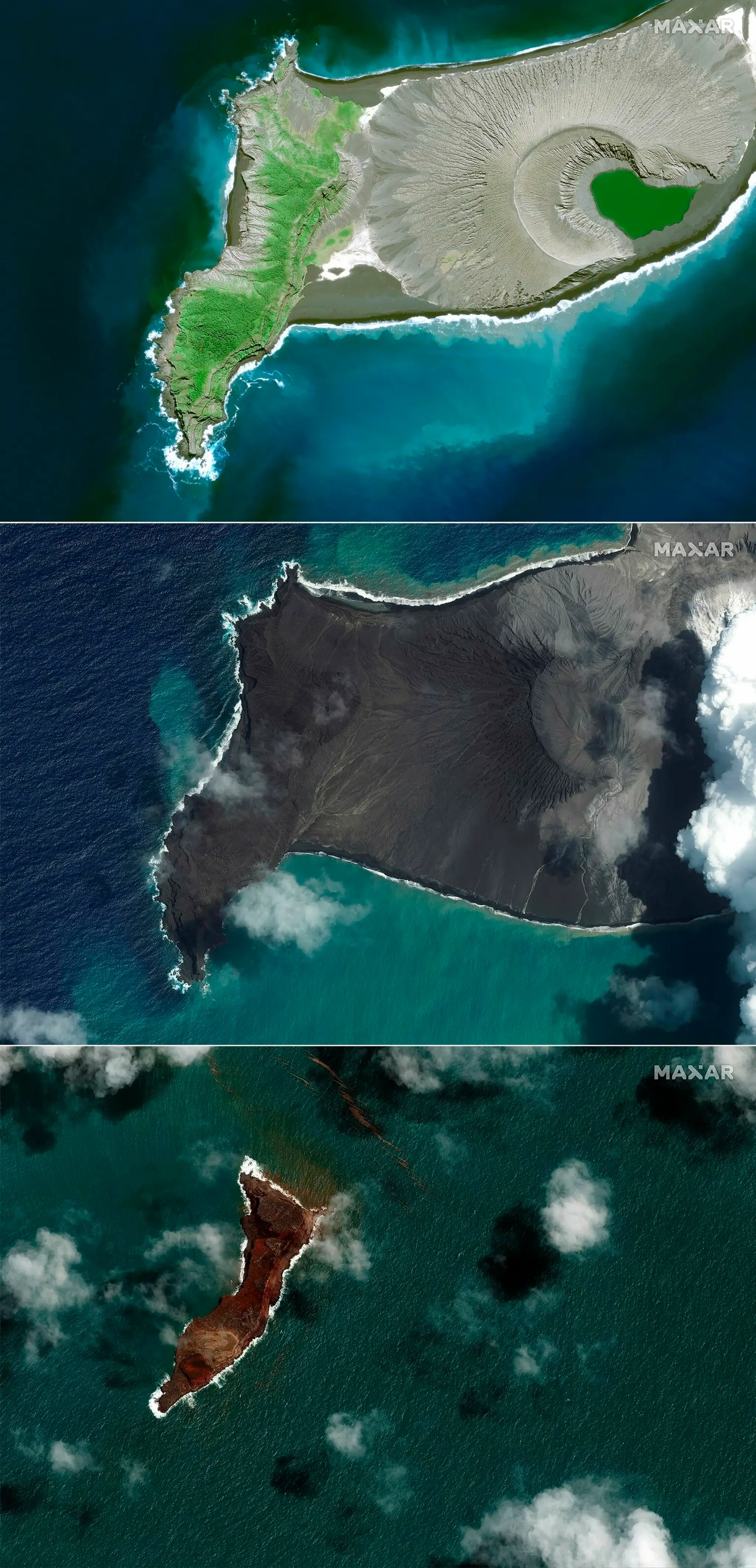 Na satelitnej kombosnímke podmorská sopka Hunga Tonga pred prvou erupciou (hore) po prvej erupcii (v strede) a po druhej erupcii
