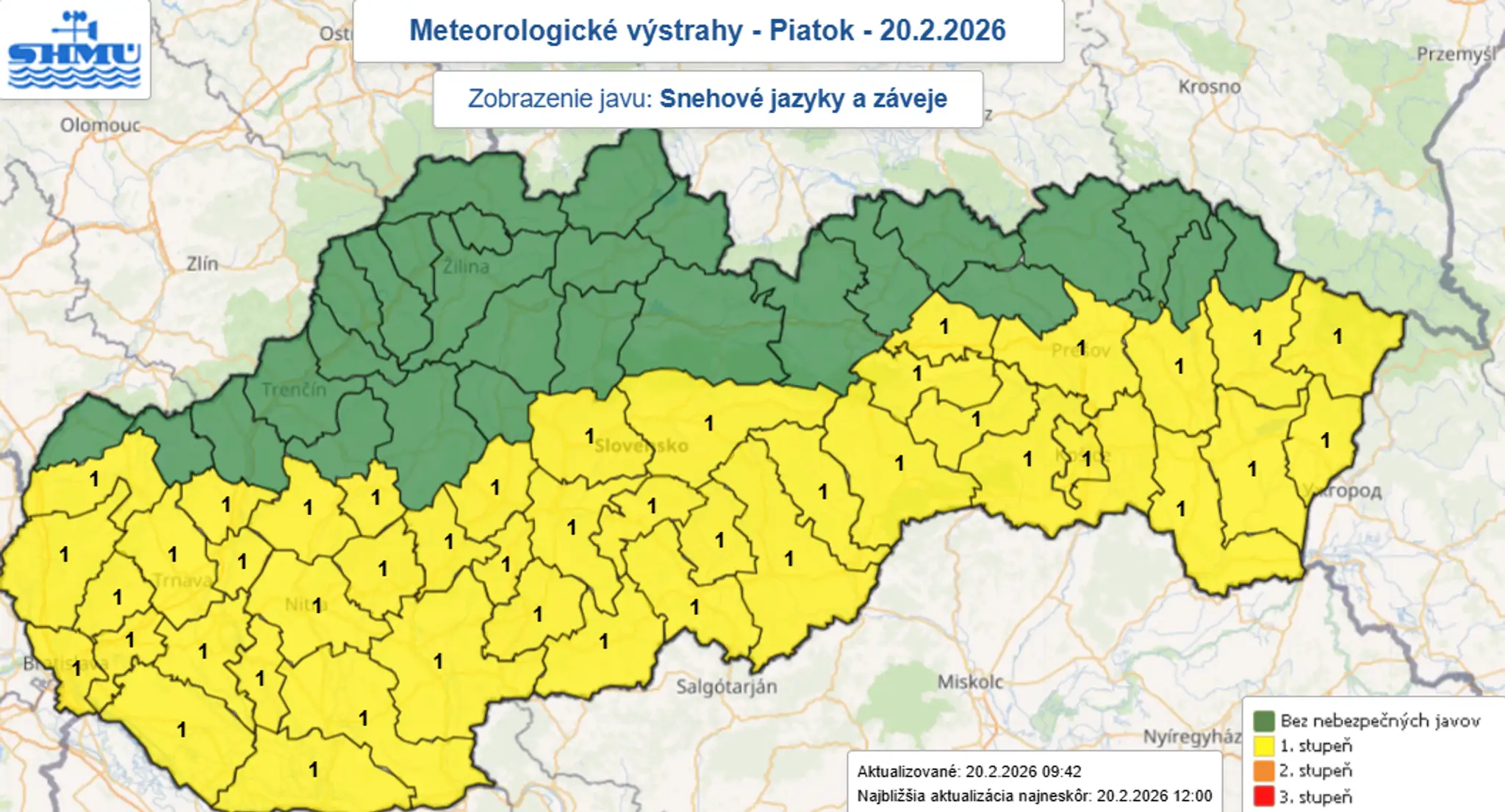 Aktuálne výstrahy pred snehovými jazykmi a závejmi.