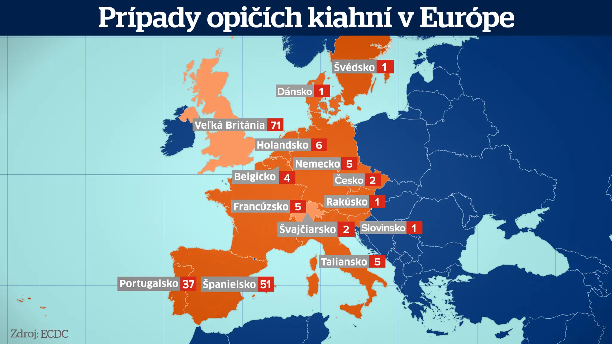 Mapa prípadov opičích kiahní v Európe