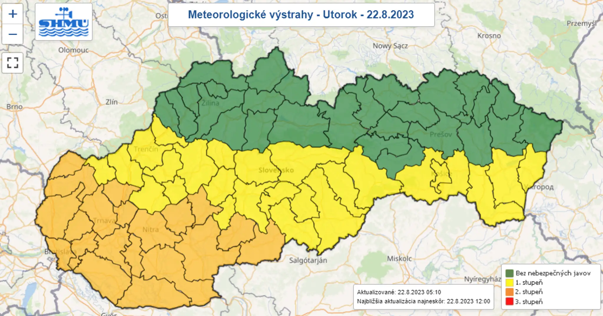 Mapa výstrah pred vysokými teplotami.