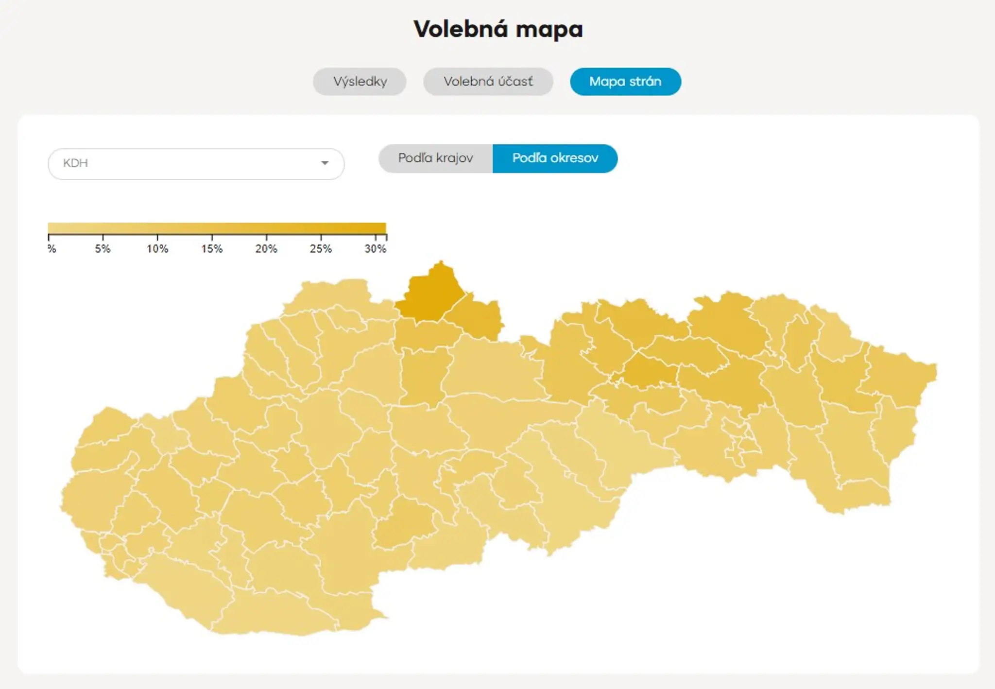 Výsledky strany KDH v jednotlivých okresoch