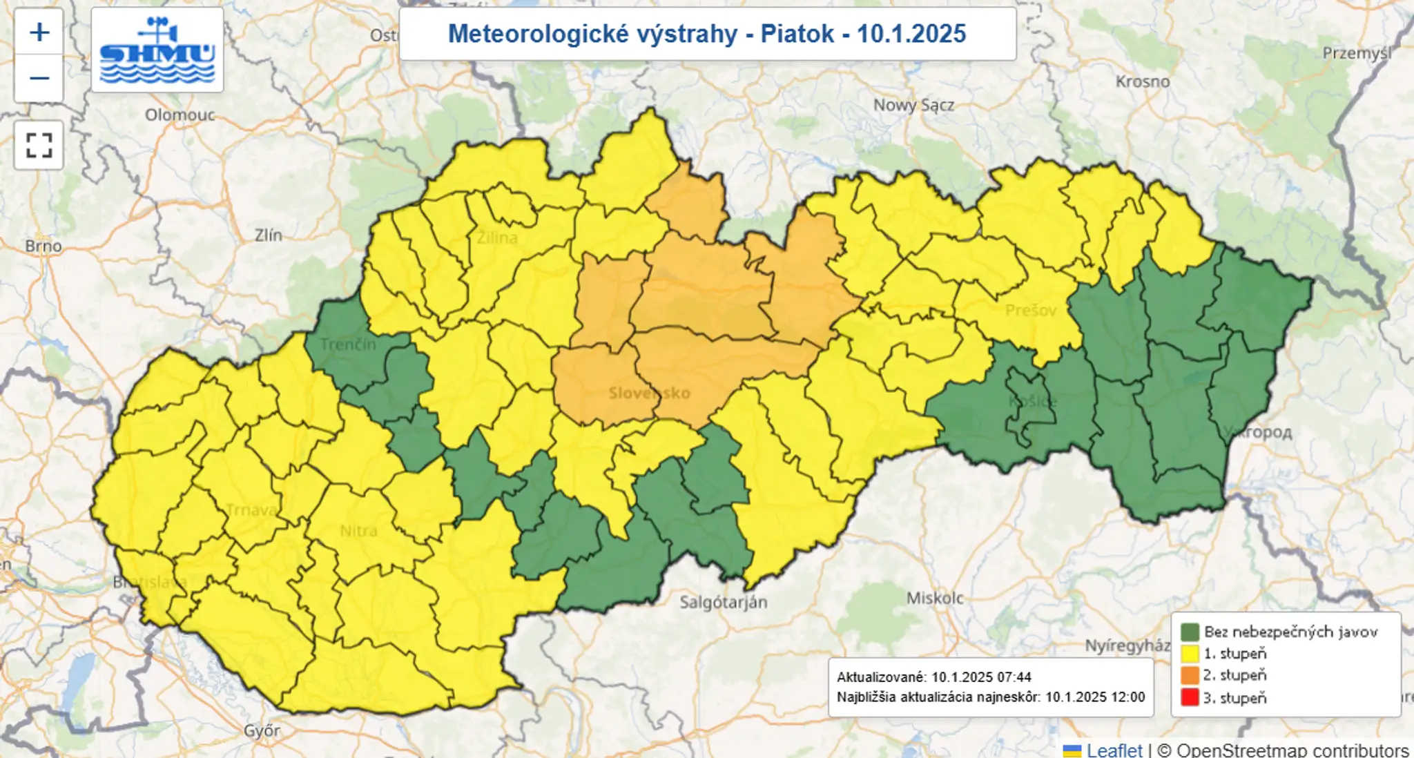 Na snímke mapa výstrah pred silným vetrom na horách.