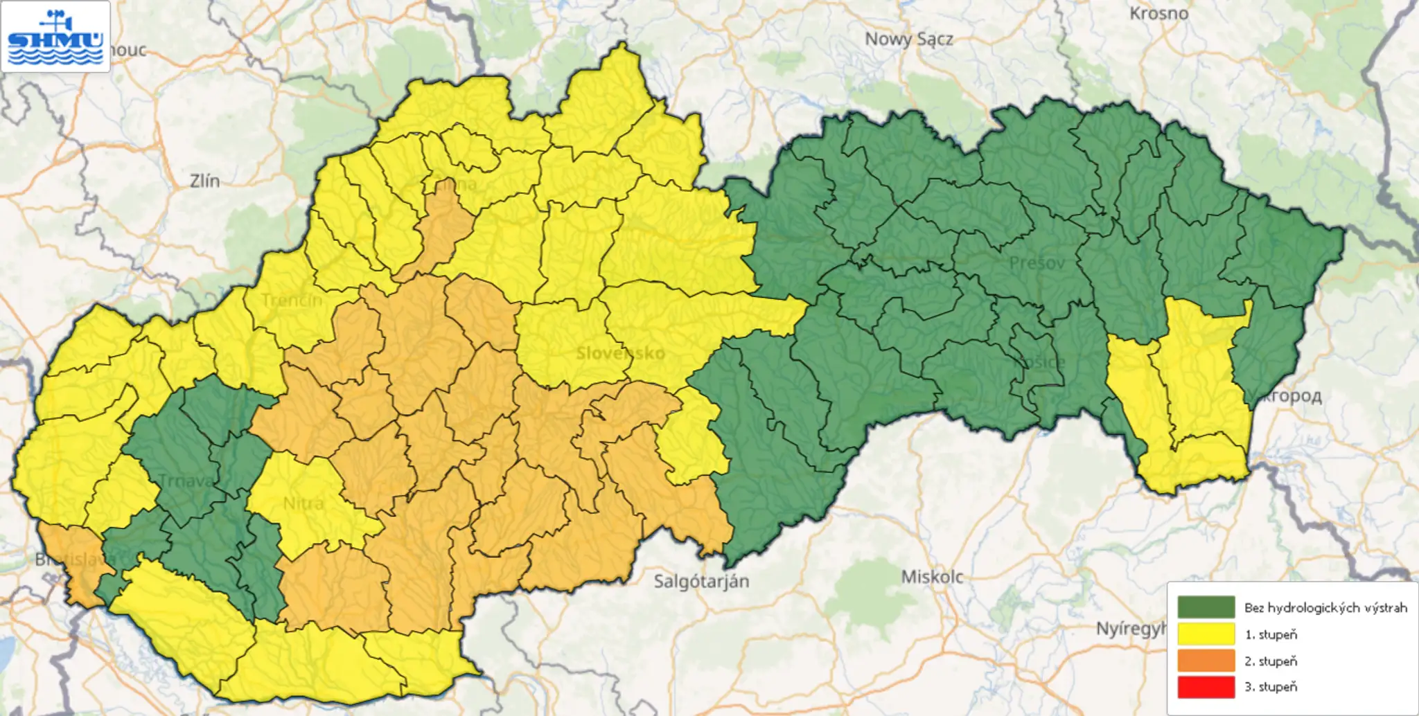 Hydrologické výstrahy na pondelok 25. decembra.