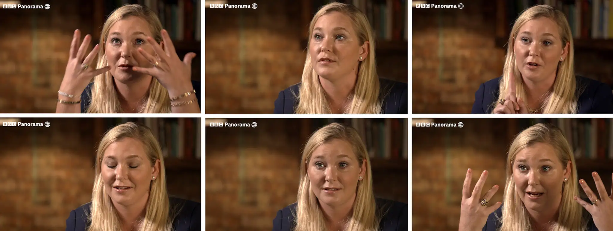 Na kombosnímke z videa Američanka Virginia Giuffreová v rozhovore pre televíziu BBC 2.