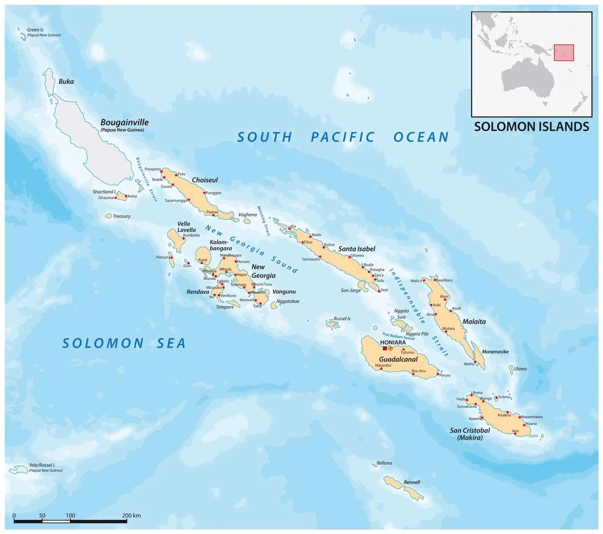 Šalamúnove ostrovy a Bougainville.