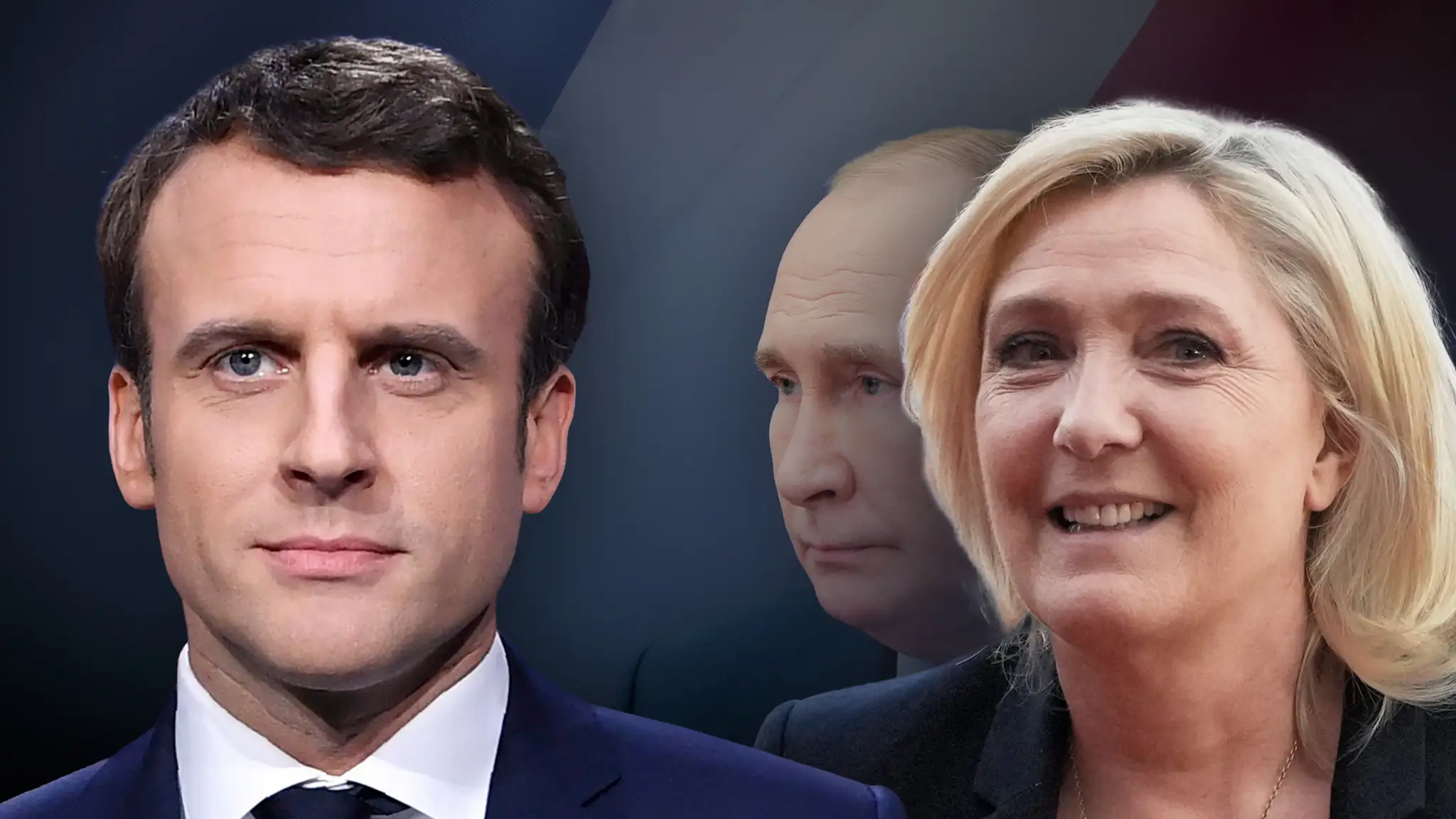 Emmanuel Macron, Vladimir Putin a Marin Le Pen