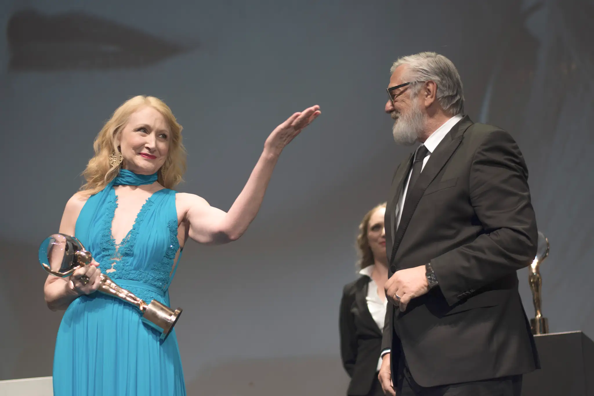 Patricia Clarksonová a Jiří Bartoška na 54. medzinárodnom filmovom festivale v Karlových Varoch v roku 2019