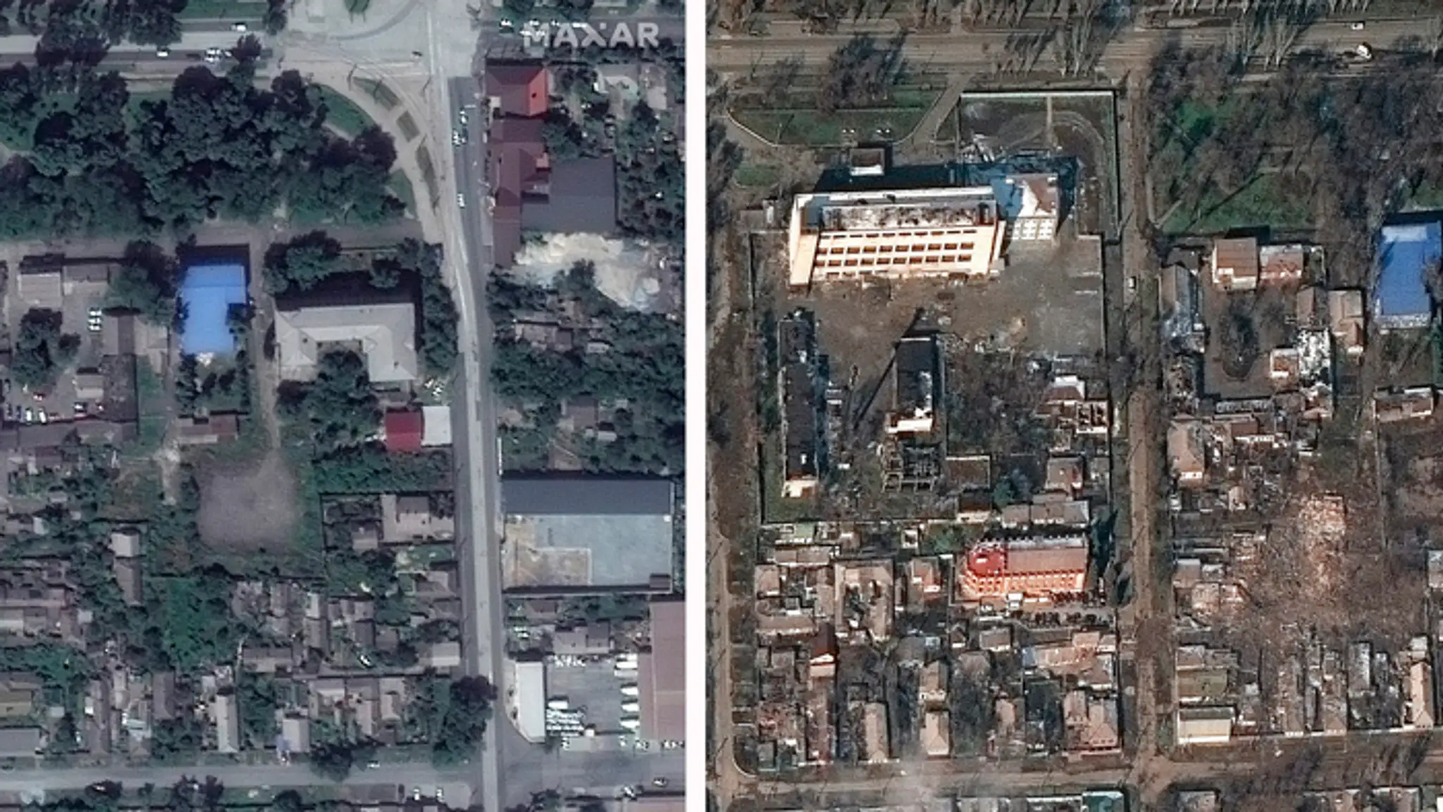 Kombosnímka zo satelitu zachytáva budovy a domy v Mariupole z februára 2022 pred (vľavo) a po (vpravo) ruskej invázii na Ukrajine.