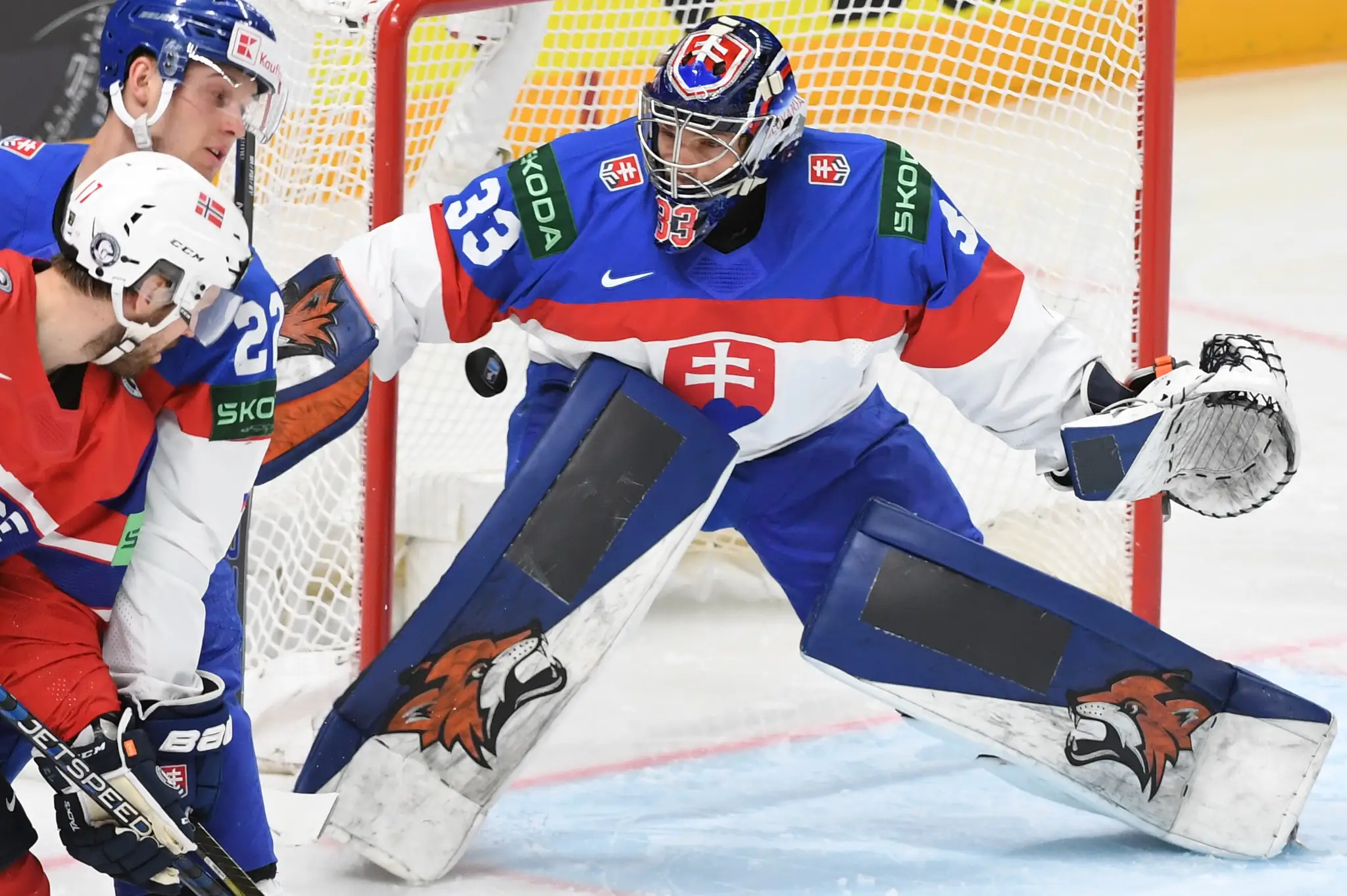 Brankár Stanislav Škorvánek (Slovensko) sleduje puk v zápase s Nórskom na MS 2023.
