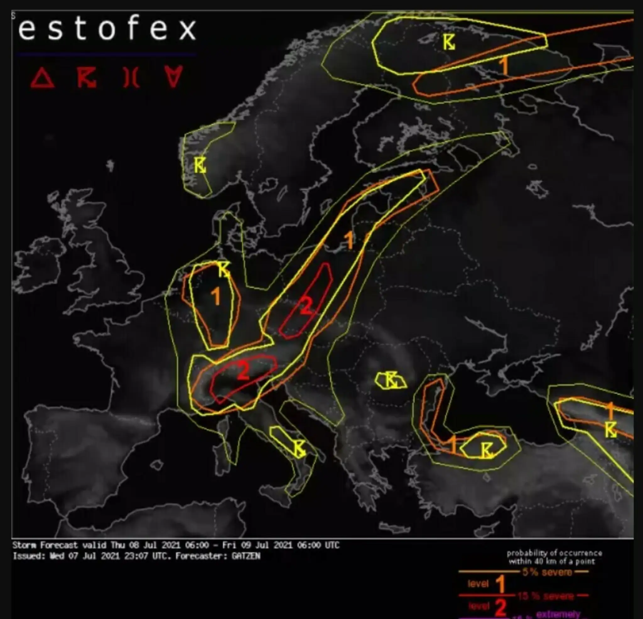 Dnešná predpoveď European Storm Forecast Experiment - Estofex