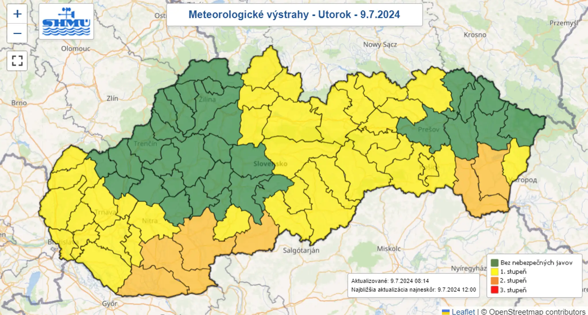 Mapa výstrah pred vysokými teplotami.