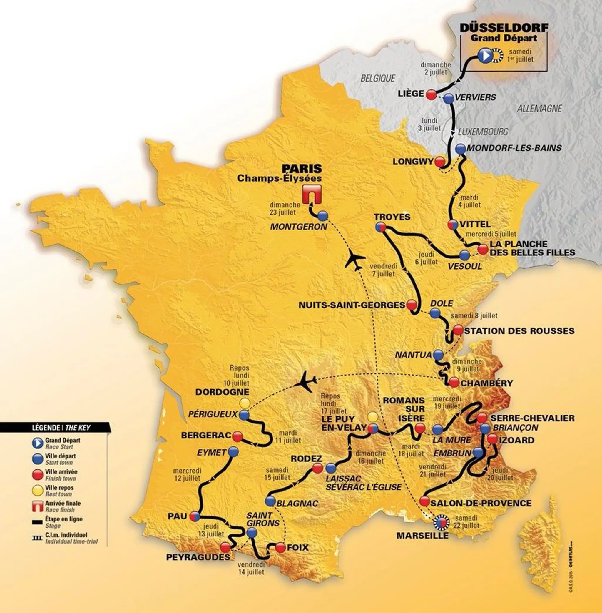 Oficiálna mapa s trasou cyklistických pretekov Tour de France 2017.