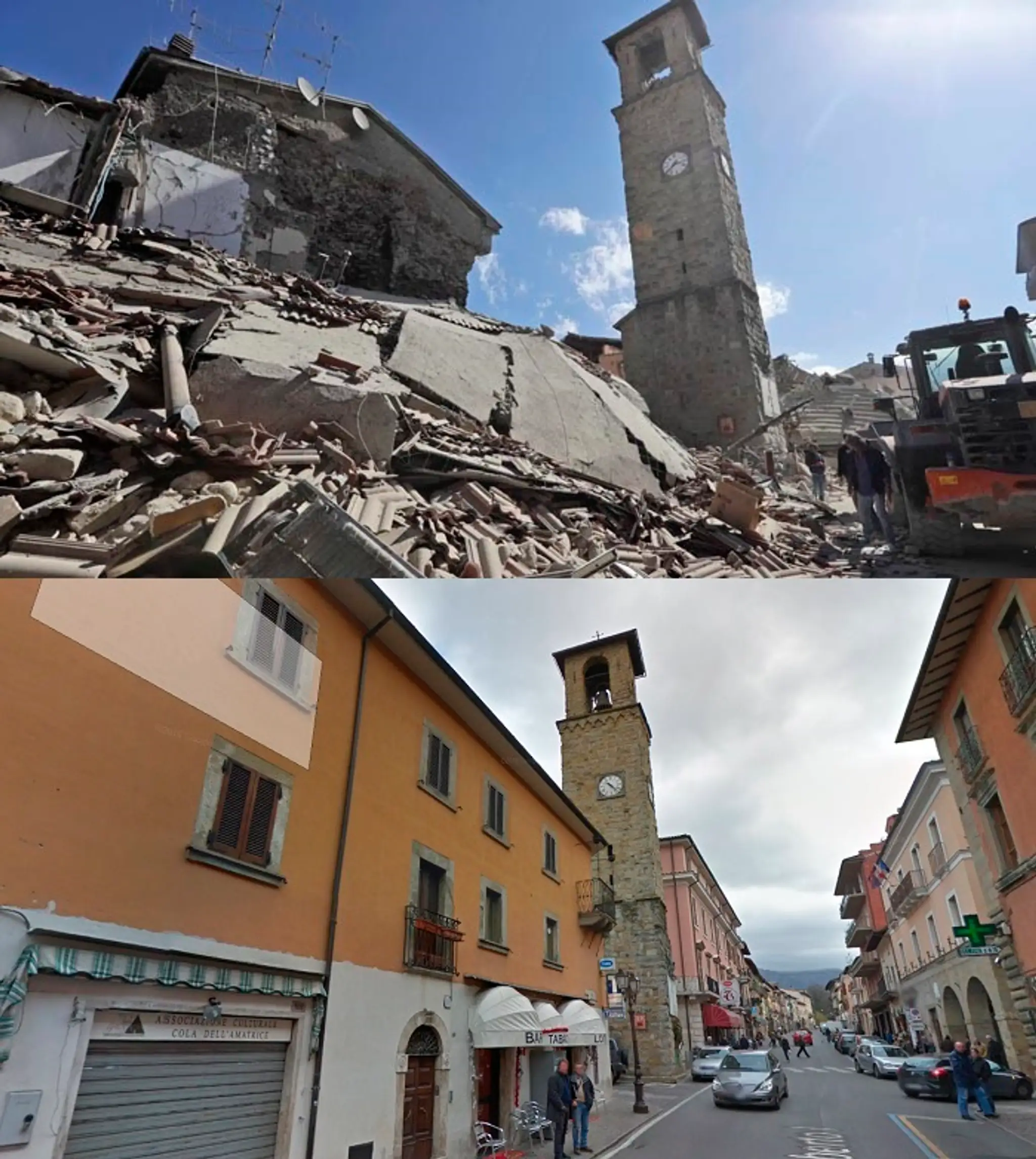 Zničené mestečko Amatrice.