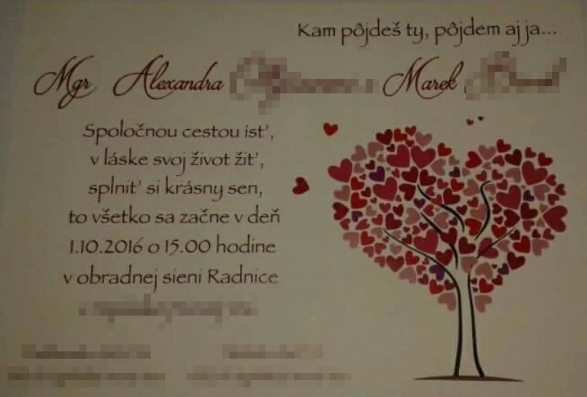 Svadobné oznámenie zosnulej Alexandry a policajta Mareka.