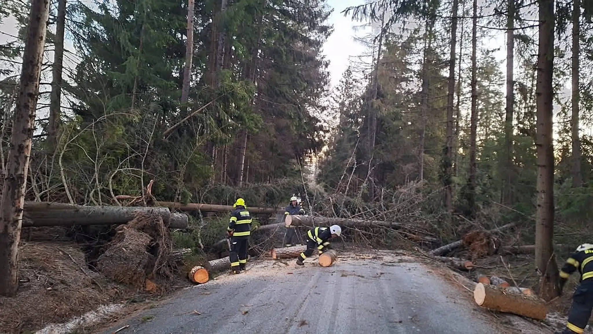 Odstraňovanie následkov silného vetra pri Liptovskej Tepličke.