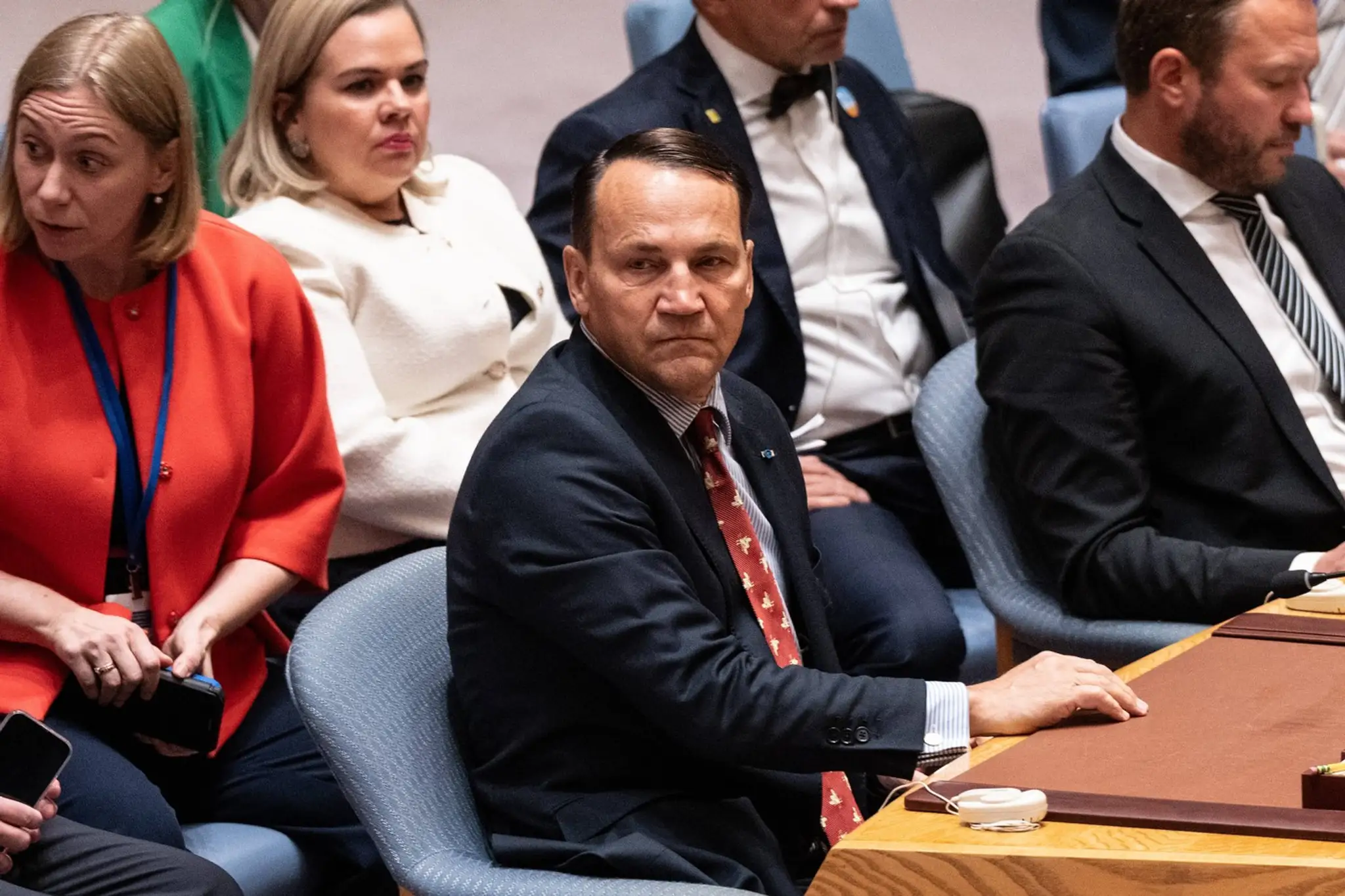 Šéf Poľskej diplomacie Radosla Sikorski počas svojho príhovoru na mimoriadnom zasadnutí Bezpečnostnej rady OSN v New Yorku.