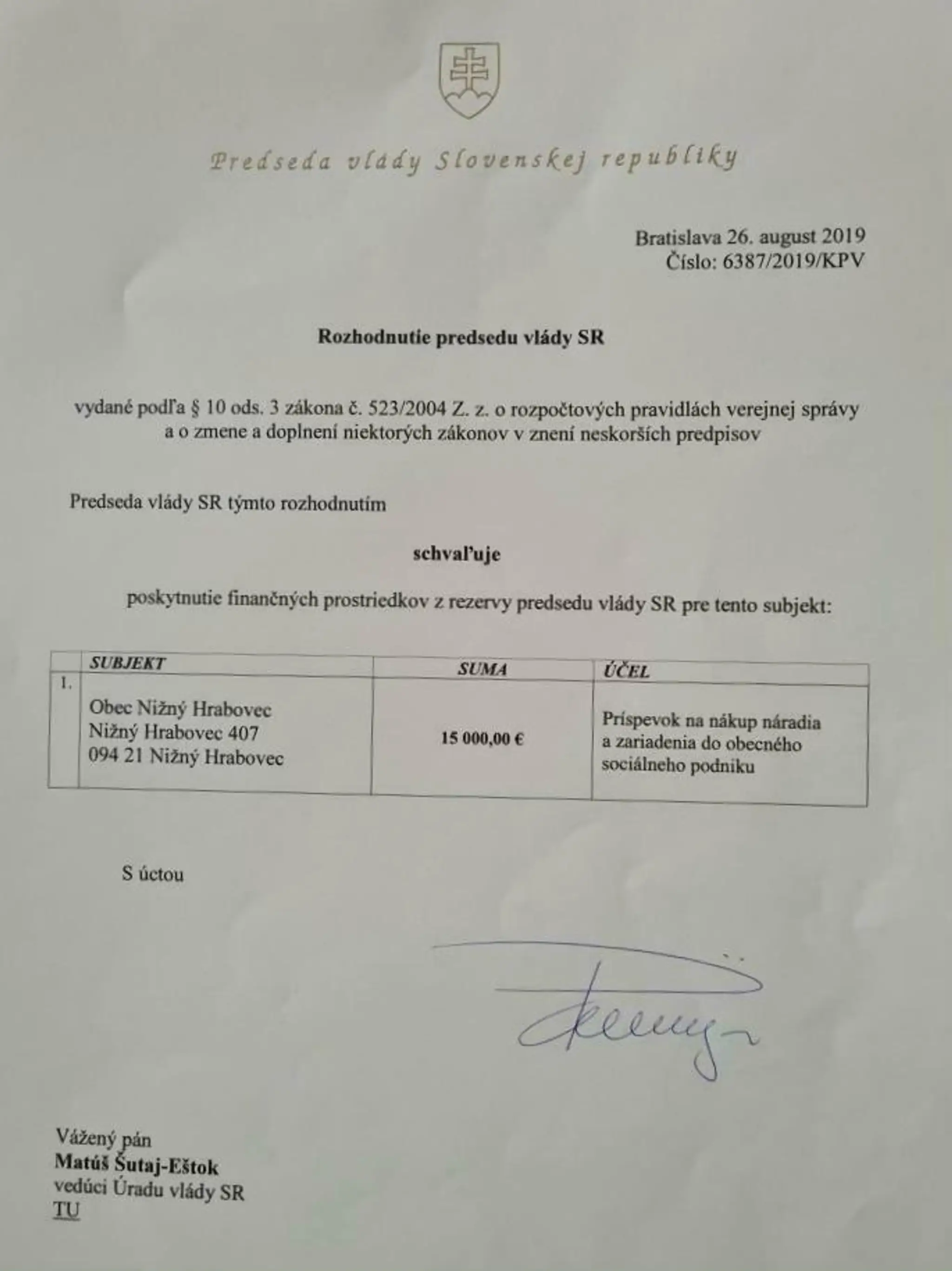 Dotácia pre obec Nižný Hrabovec z roku 2019.