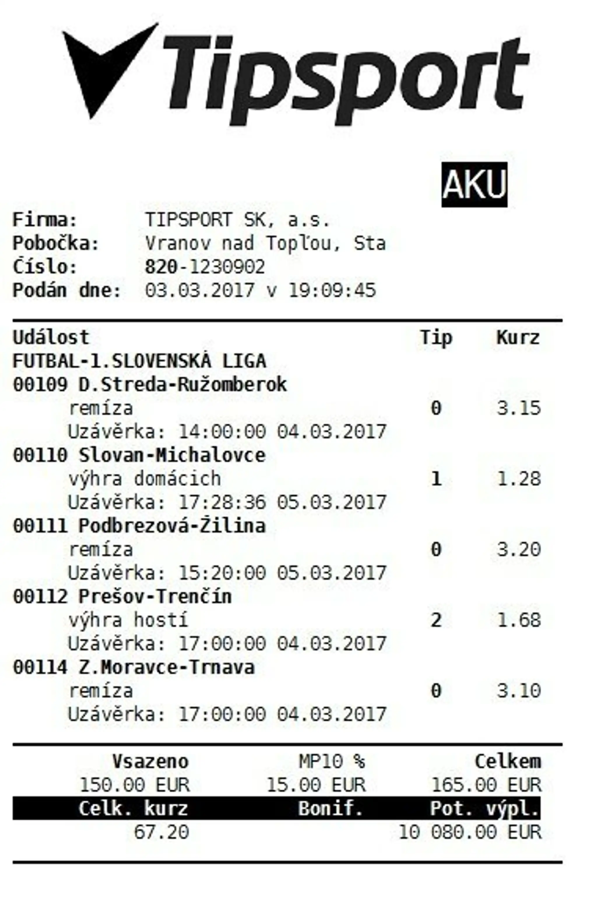 Tiket vo Vranove nad Topľou.